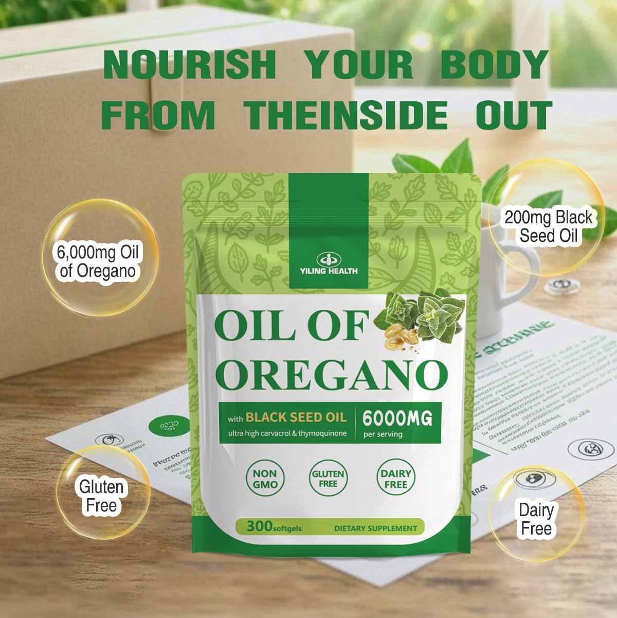 YiLing Oil of Oregano with Black Seed Oil & Echinacea 3 in 1 Oregano Supplement Gummies for Immune Health, Non-GMO, 300 Gummies