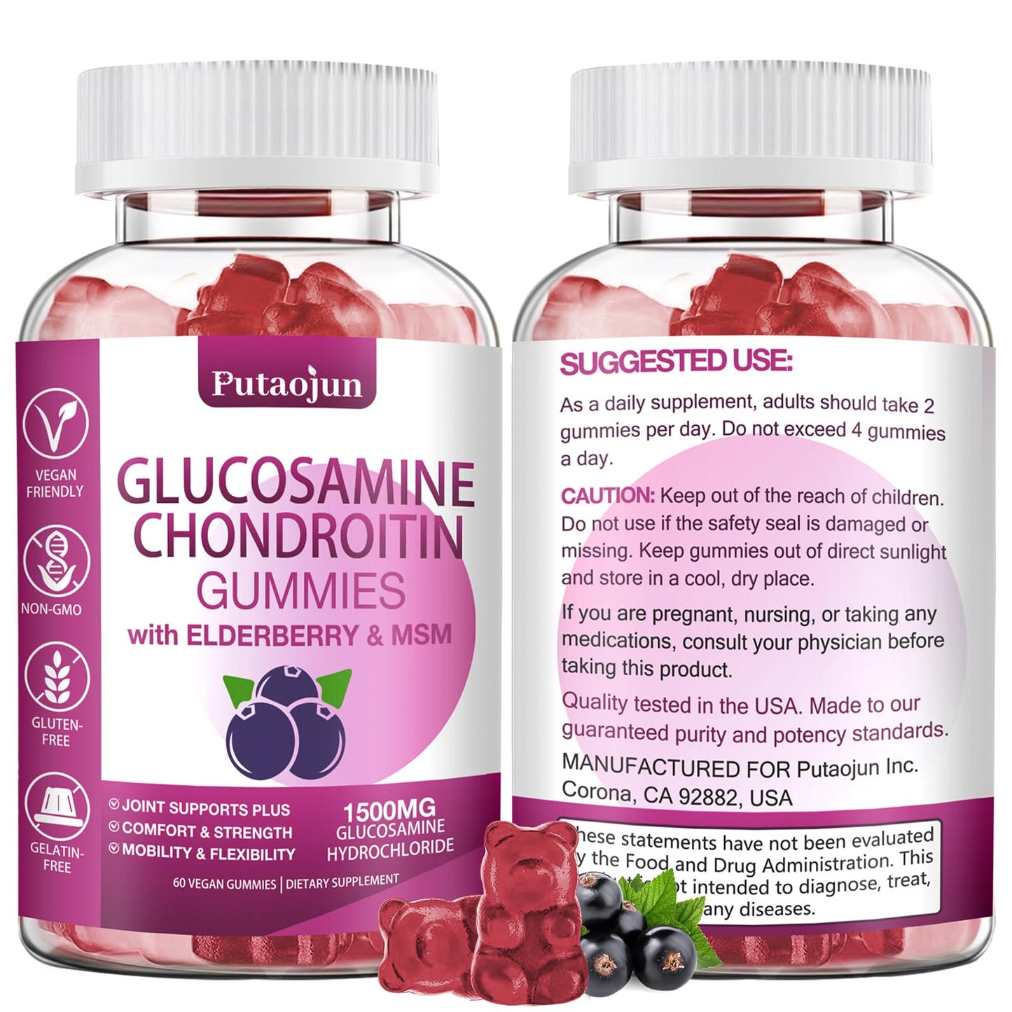 Putaojun Glucosamine Chondroitin Gummies Extra Strength with MSM & Elderberry, 60 Count
