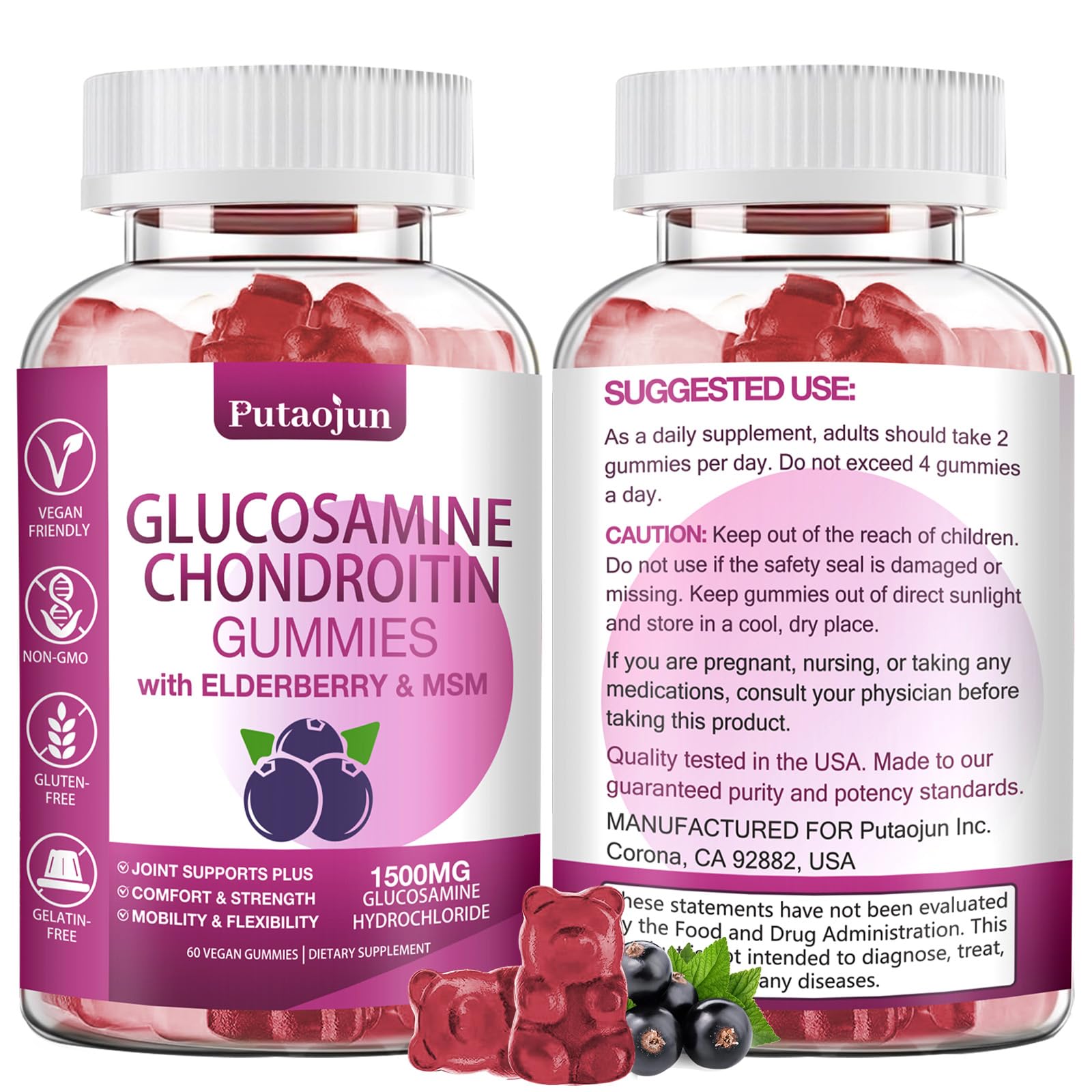 Putaojun Glucosamine Chondroitin Gummies Extra Strength with MSM & Elderberry, 60 Count
