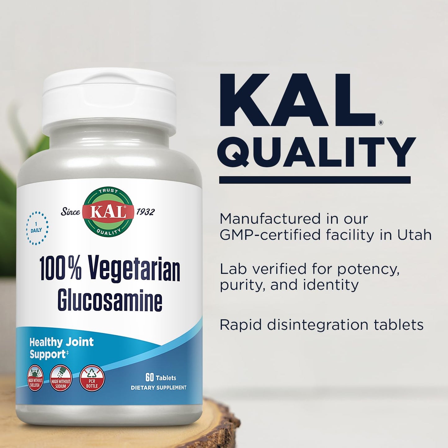 KAL 100% Vegetarian Glucosamine 1000 mg, Vegan Glucosamine HCl Joint Health Tablets, 60 Tablets