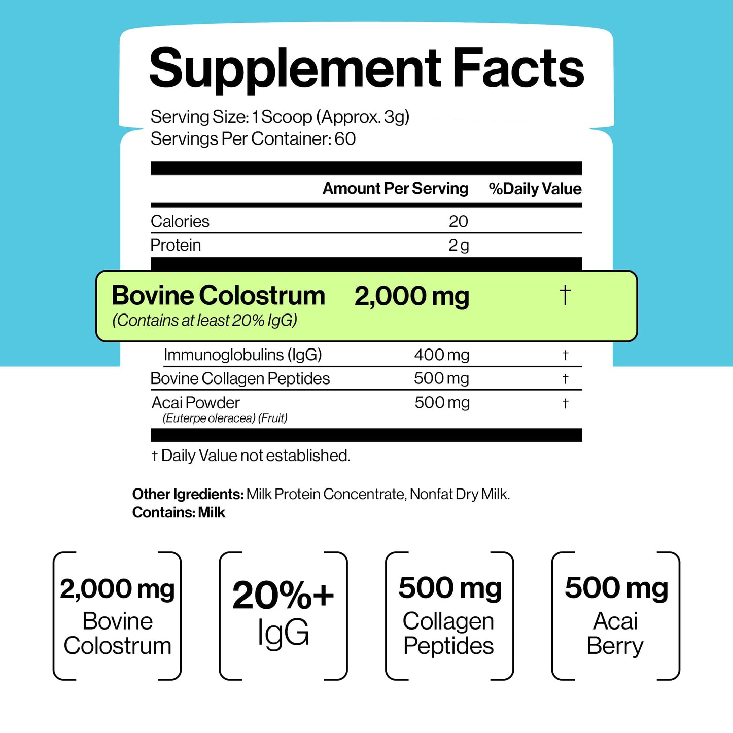 Luci Nutrition Bovine Colostrum Powder with Collagen and Acai 6.35 Ounce