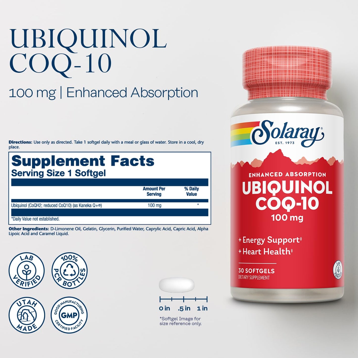 SOLARAY Ubiquinol CoQ-10 100mg Enhanced Absorption Softgels, 30 Softgels