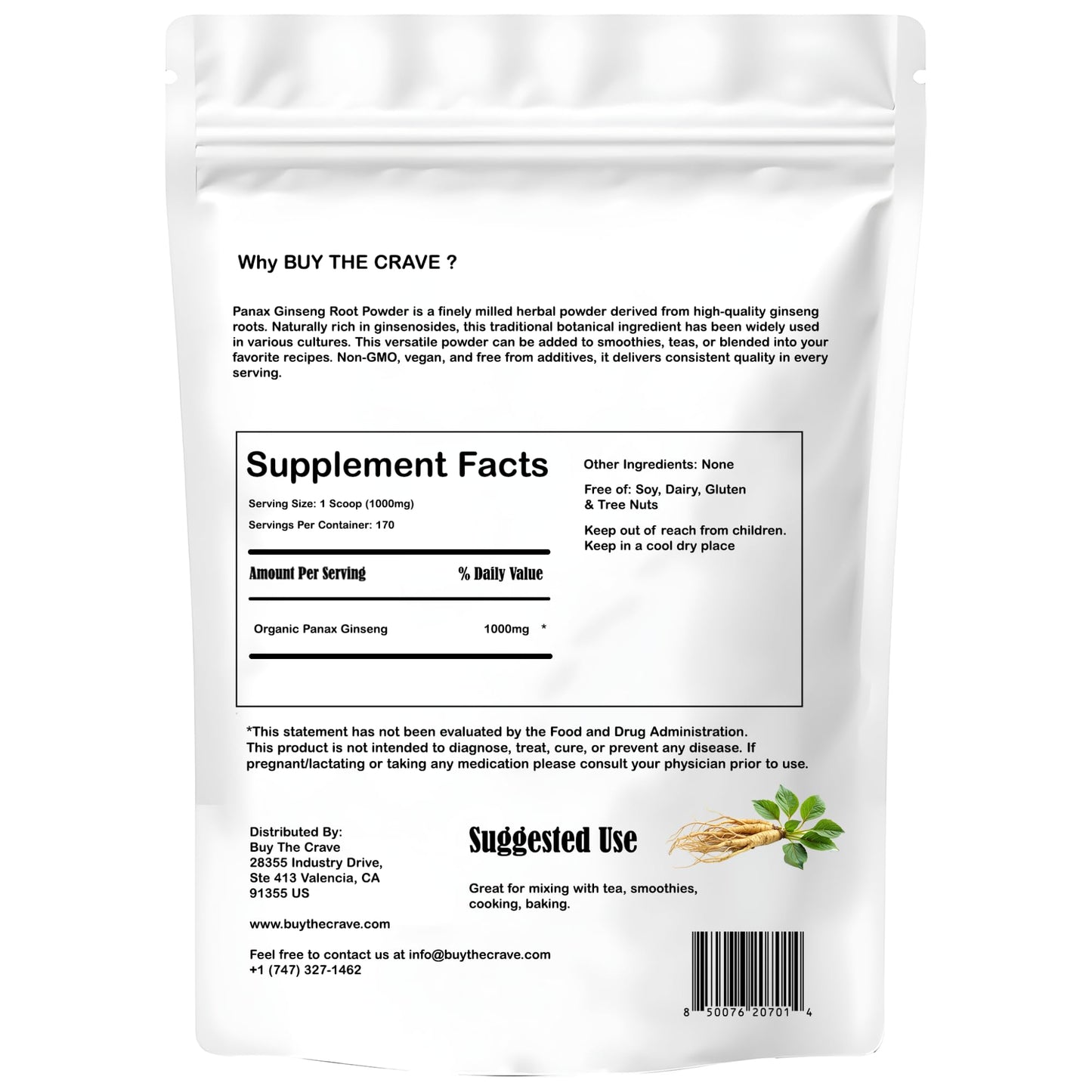 BUY THE CRAVE Organic Korean Panax Ginseng Root Extract Powder, Maximum Strength, with Active Ginsenosides, 6 oz