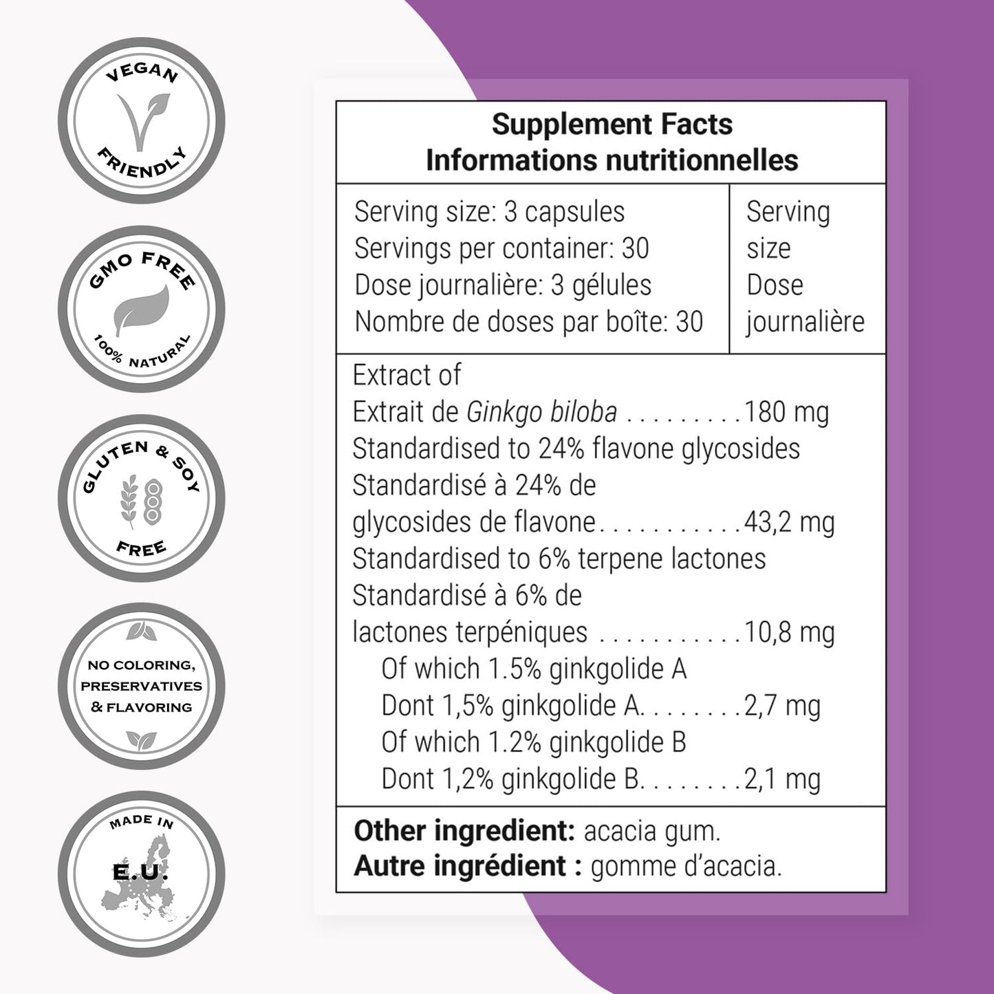 Supersmart Ginkgo Biloba 180 mg Per Serving, Extract Standardized to 24% Ginkgo Flavonglycosides, 90 Vegetarian Capsules