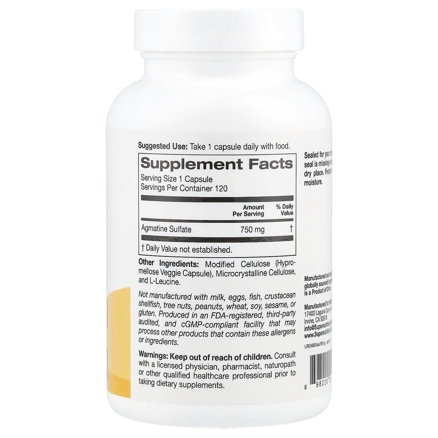 SuperNutrition Agmatine Sulfate 750 mg Veggie Capsules, 120 Capsules