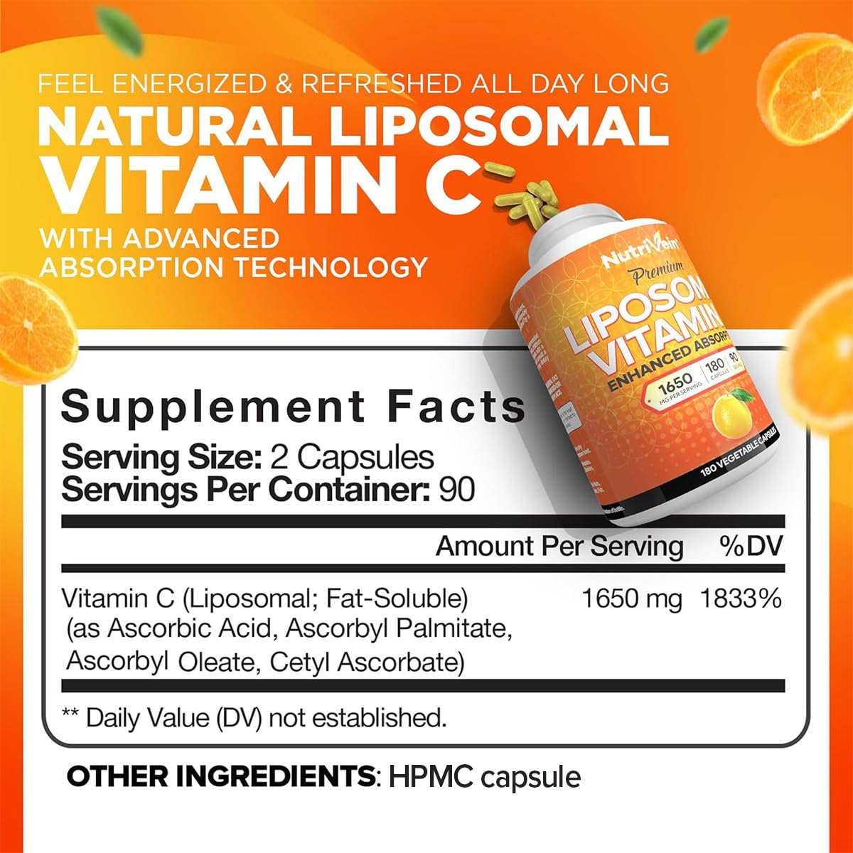 Nutrivein Liposomal Vitamin C Supplement 1650mg Capsule, 180 Count