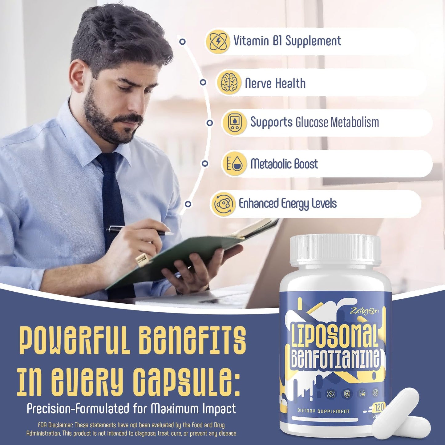 Zaigon Benfotiamine Thiamine Vitamin B1 Supplement Capsules, 240 Count