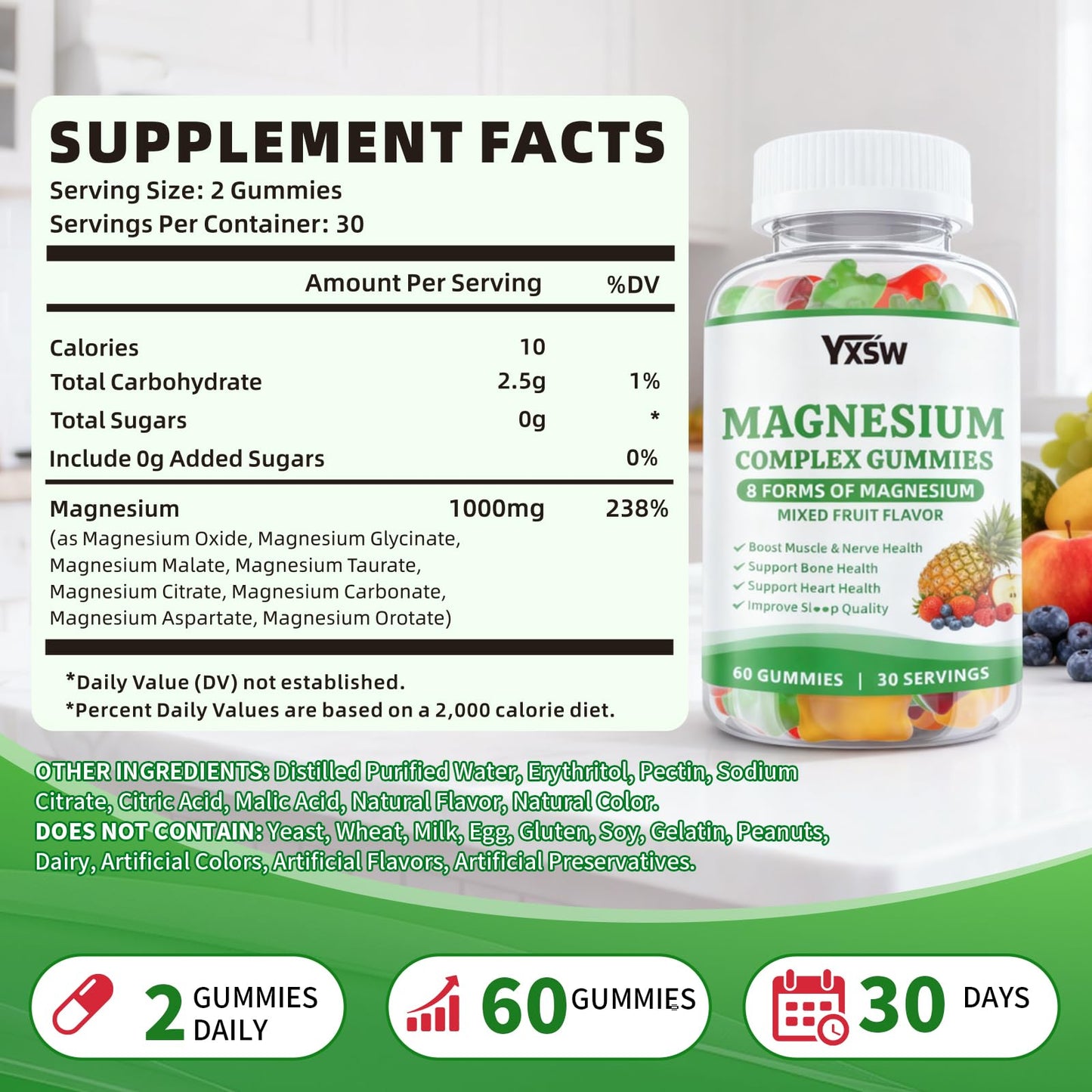 YXSW Magnesium Complex Gummies 8 Elemental 1000mg - Magnesium Glycinate, Citrate, Malate, Taurate, Supports Bones, Muscle, Nerve Health, Vegan Non-GMO, Mixed Flavors, 120 Gummies