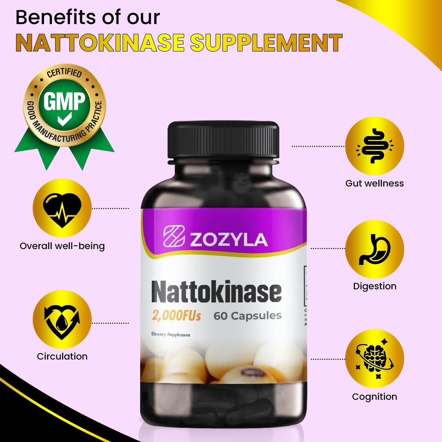 ZOZYLA Nattokinase Supplement 2,000 FU, 60 Capsules