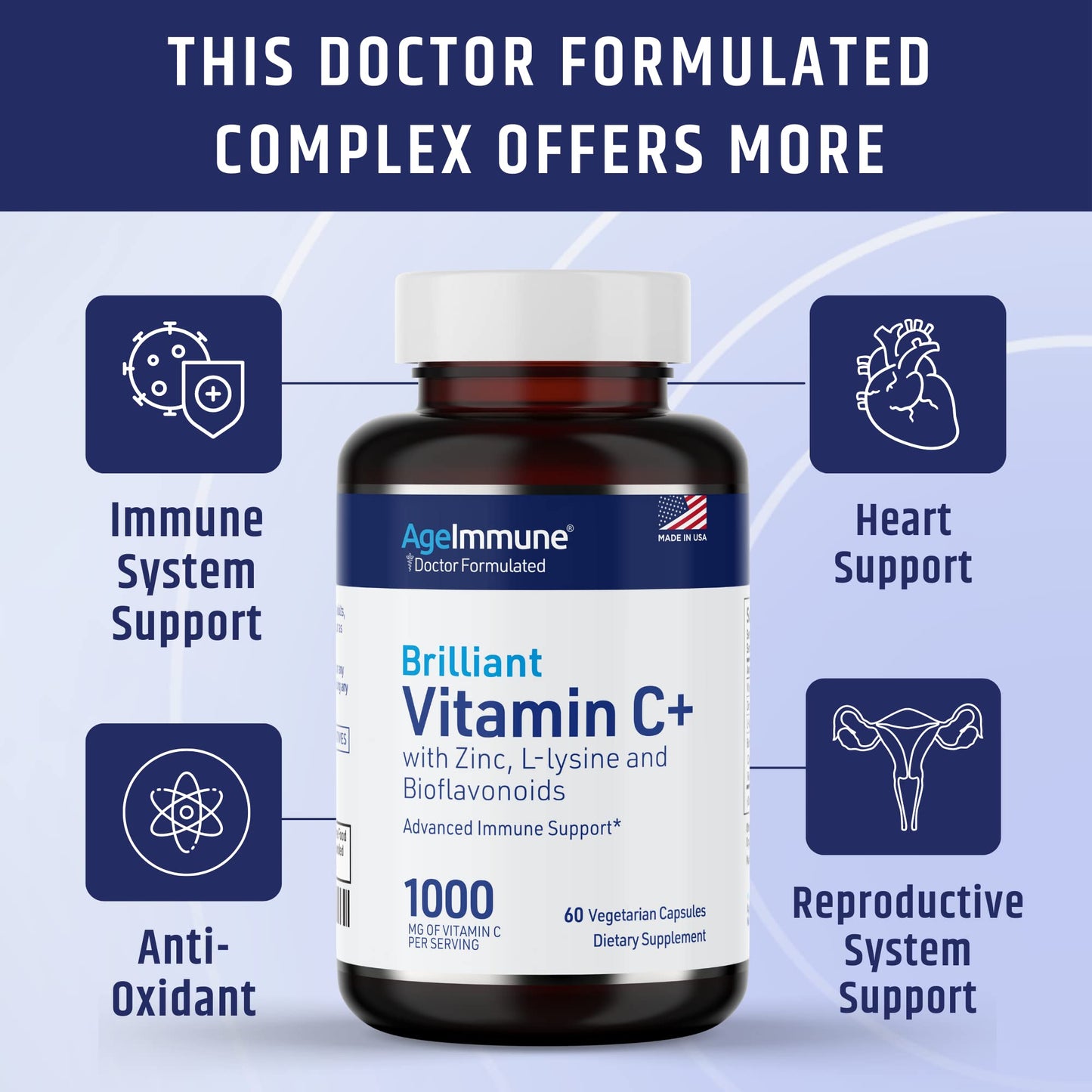 AgeImmune Vitamin C 1000mg Complex with L-Lysine 500mg, Zinc Gluconate 12mg, Bioflavonoids 300mg Capsules 120