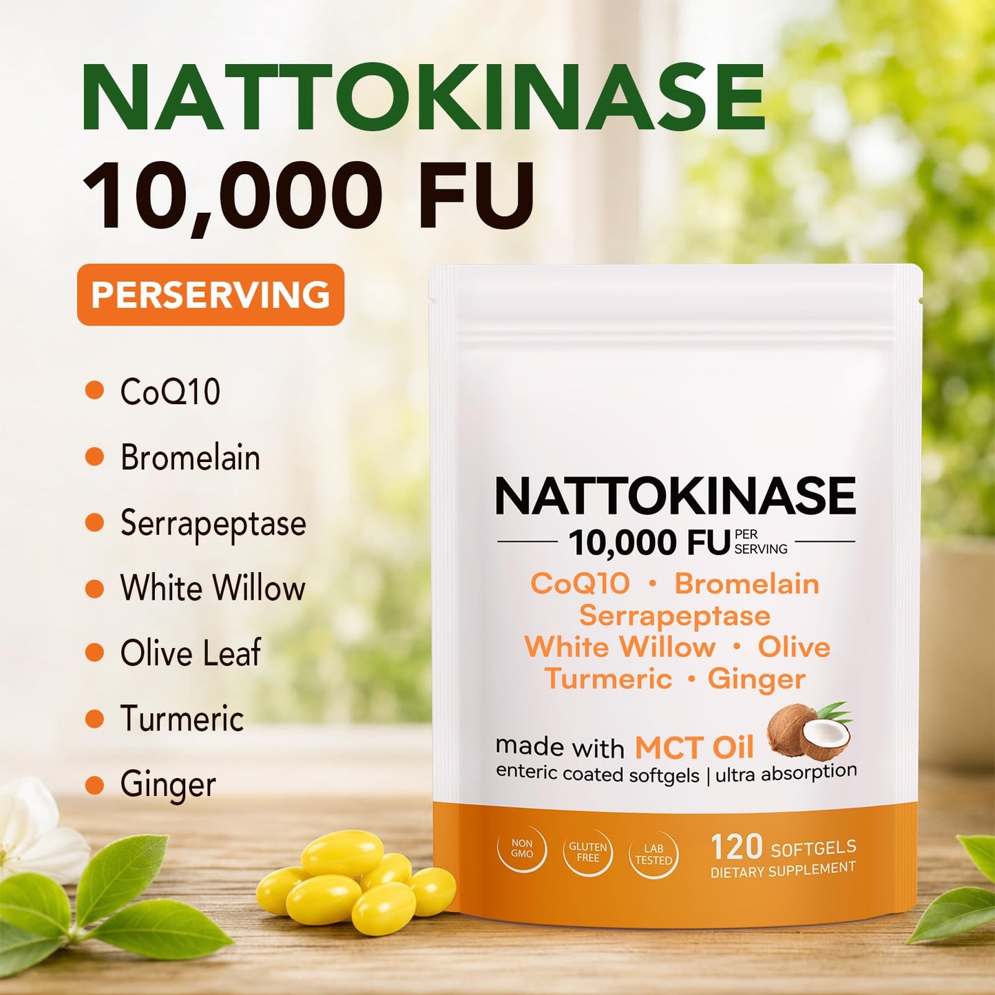 bnHUlMXw Nattokinase Supplement 10000 FU, CoQ10, Serrapeptase, MCT Oil Softgels, 120 Count