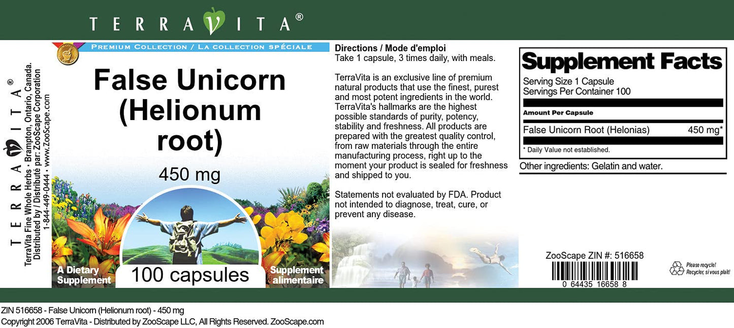 Terravita False Unicorn (Helionum Root) 450 mg Capsules, 300 Count