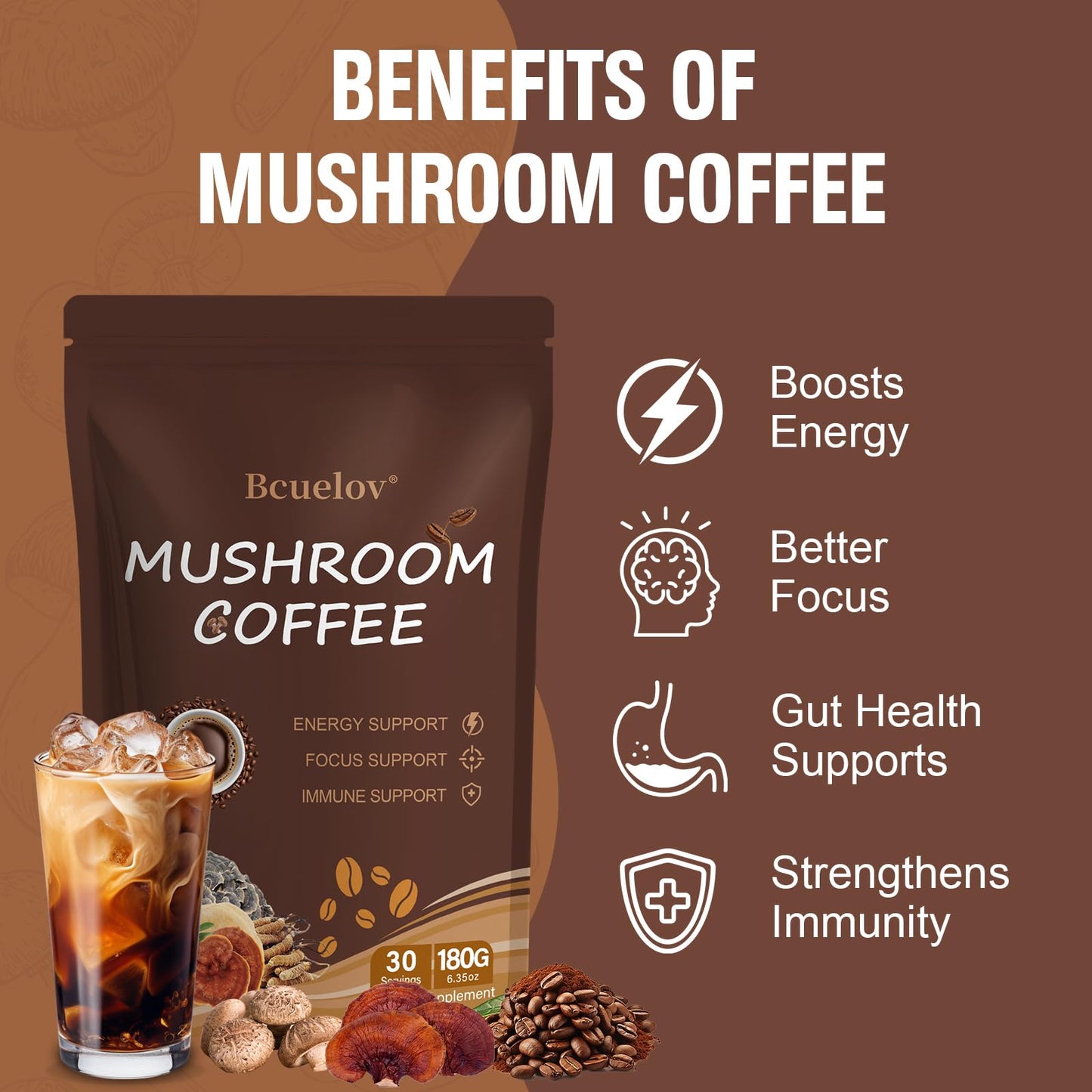 Bcuelov Mushroom Coffee Powder with 6 Adaptogenic Mushrooms (Cordyceps, Lion’s Mane, Shiitake, Turkey Tail) and MCT Oil for Energy, Focus, Immune Support, 6.35 Ounce