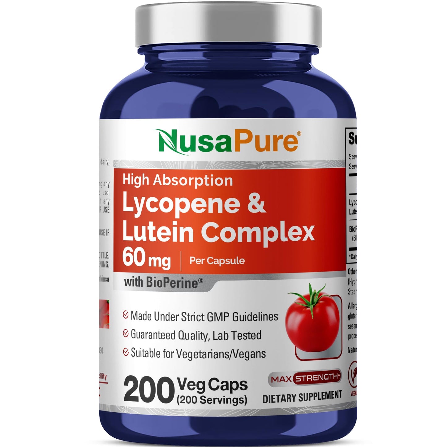 NusaPure Lycopene & Lutein Complex 60mg per Capsule, 200 Veggie Capsules