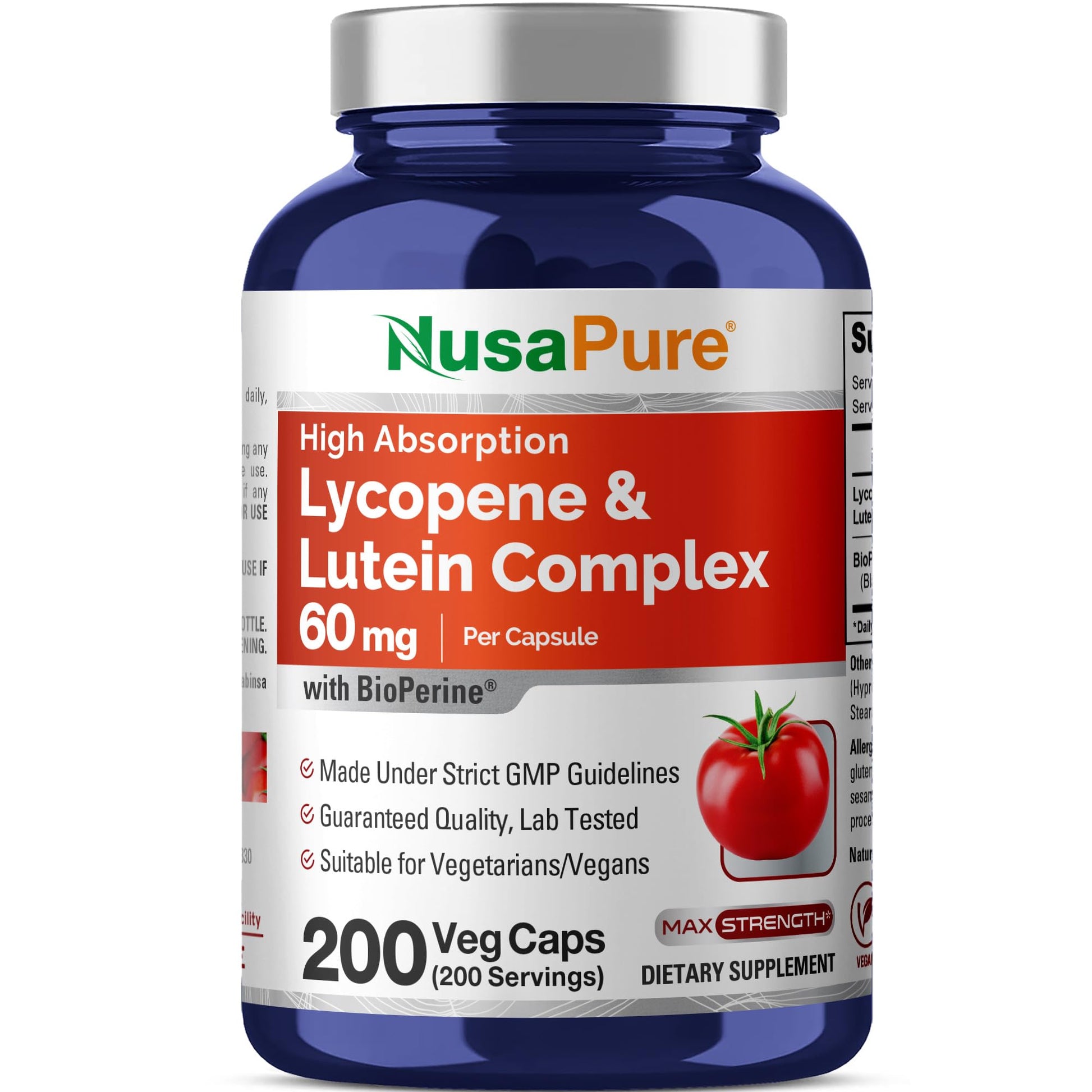 NusaPure Lycopene & Lutein Complex 60mg per Capsule, 200 Veggie Capsules