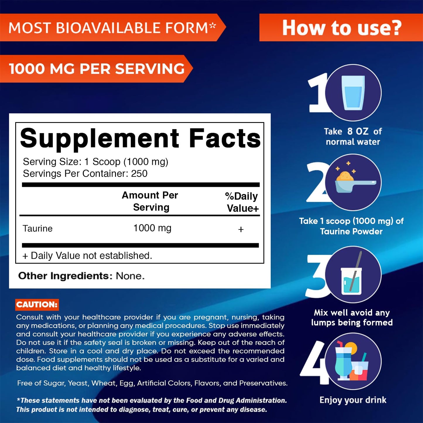 Vitamatic Pure Taurine 1000mg Powder 8.8 oz