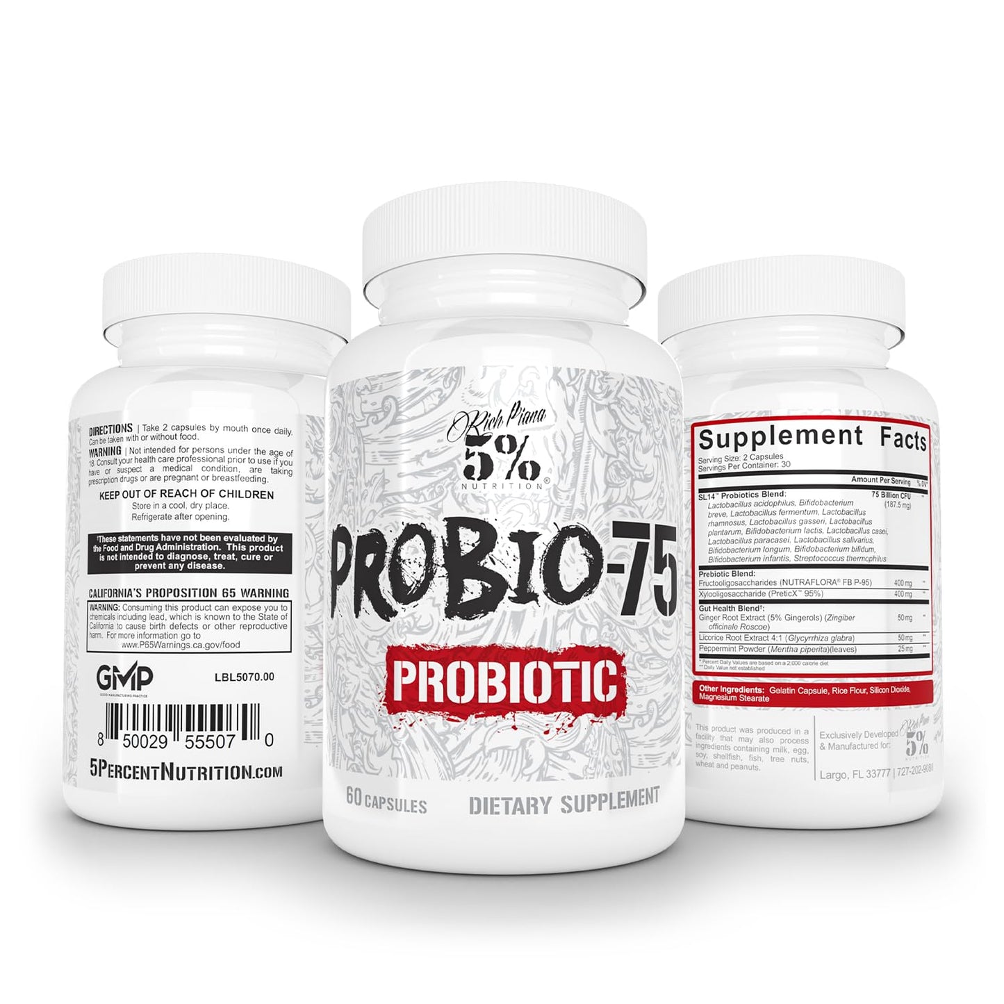 5% Nutrition Rich Piana Probio-75 Billion CFUs Capsules, 60 Count