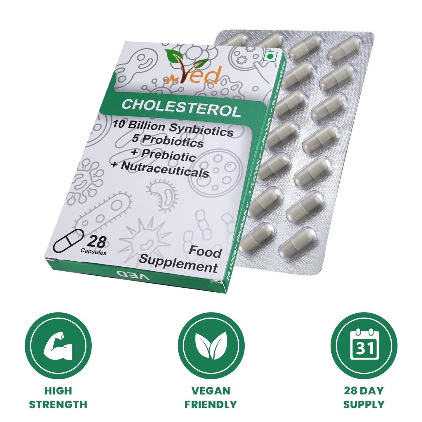 Ved Cholesterol Probiotics and Prebiotics Capsule, 10 Billion CFU, 20 Live Bacterial Cultures, Lactobacillus Helveticus, 28 Count