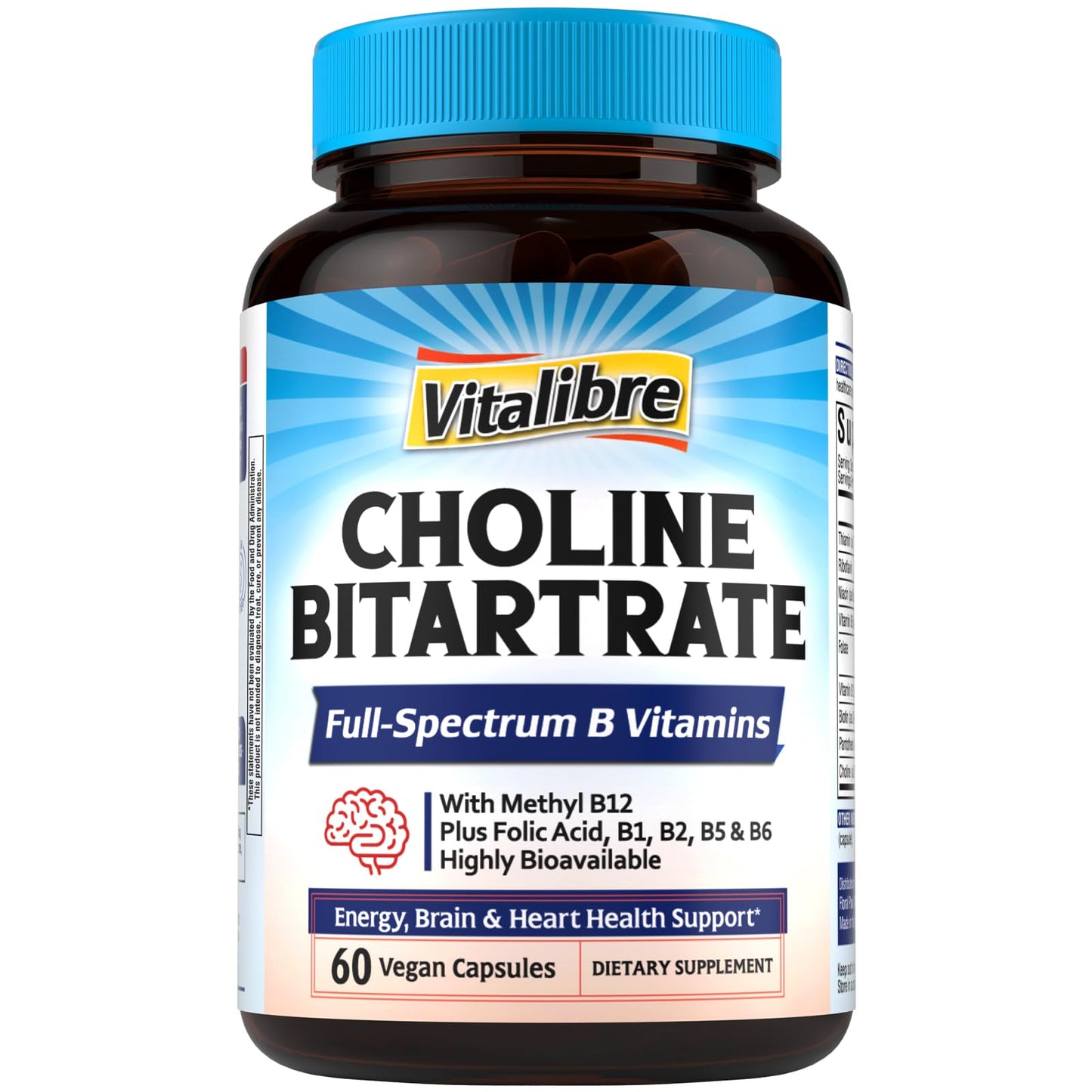 Vitalibre Choline Bitartrate 300mg with Folate, Methyl B12, Niacinamide, Non-GMO Bioavailable Complex, Energy, Brain, Liver Support, 60 Capsules