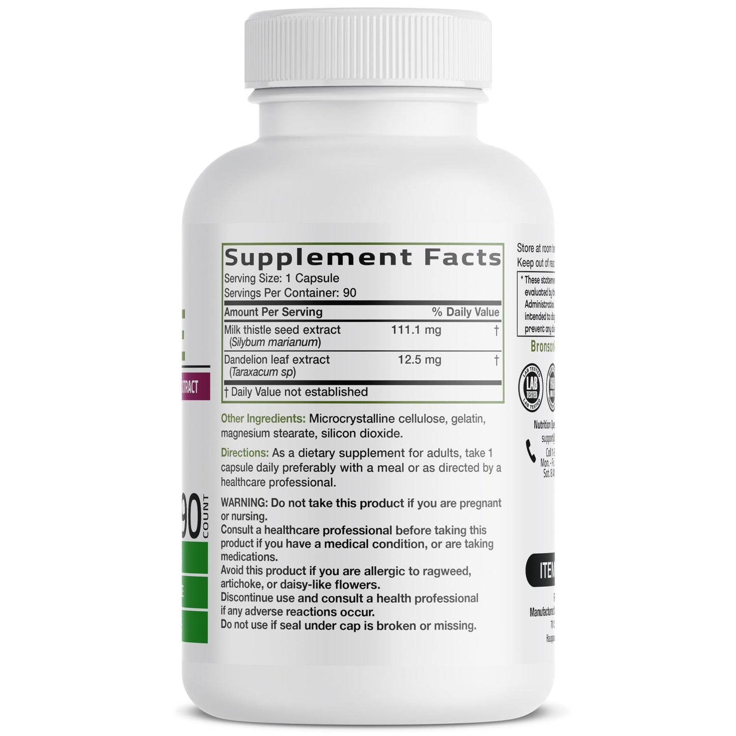 Bronson Milk Thistle Silymarin Marianum & Dandelion Extract Capsules, 90 Count