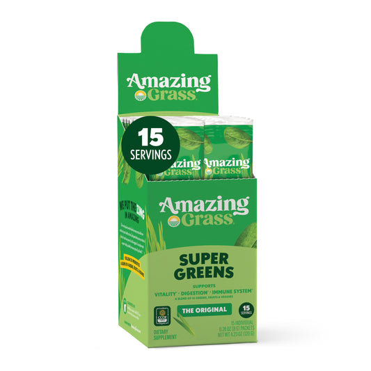 Amazing Grass Greens Blend Superfood: Super Greens Powder Smoothie Mix with Spirulina, Chlorella, Beet Root Powder, Digestive Enzymes, Prebiotics & Probiotics, Original, 15 Servings (Packaging May Vary)