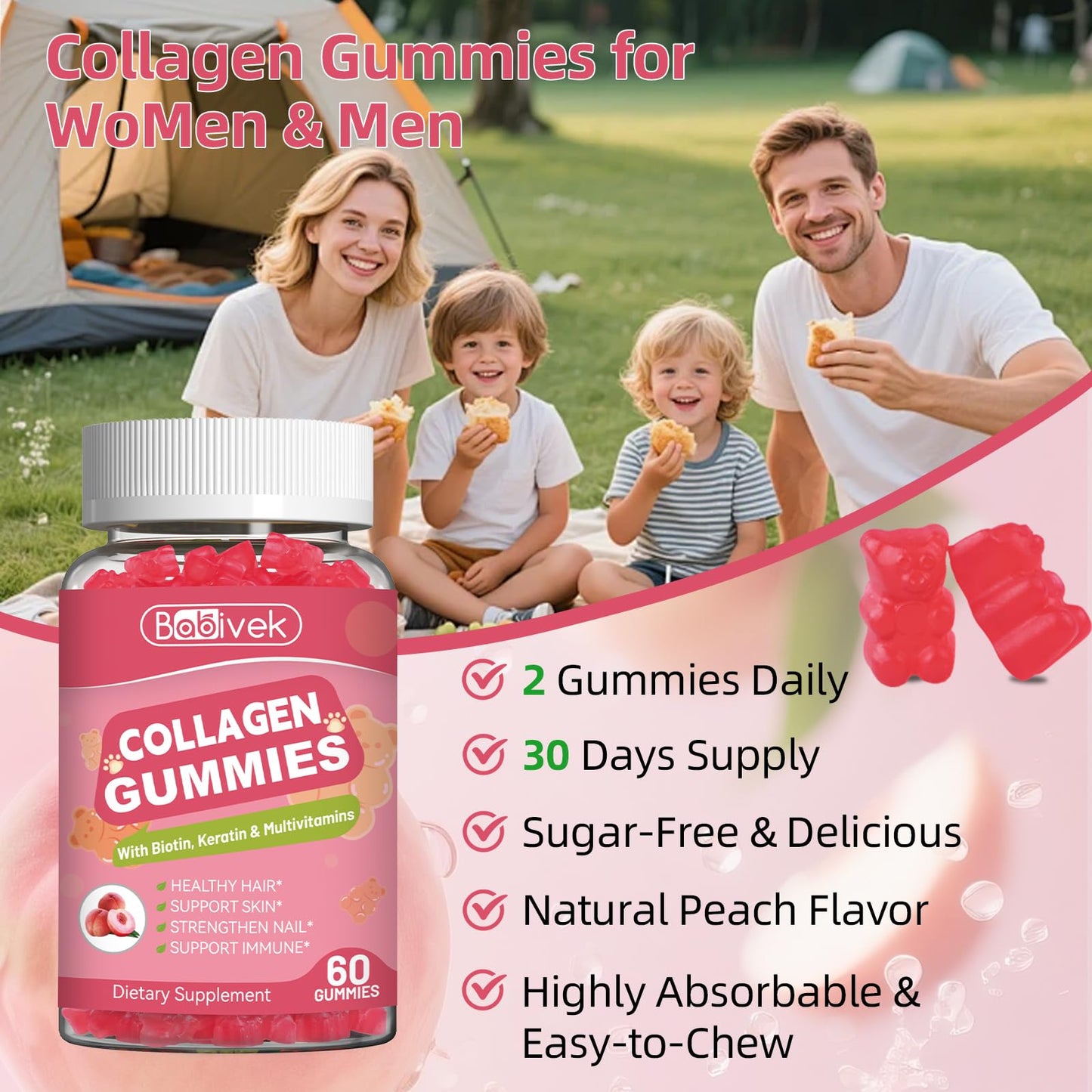 Babivek Collagen Gummies for Women & Men, Gummy, 60 Count