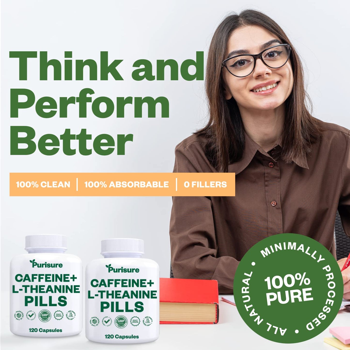 Purisure Caffeine Theanine Capsules, 120 Capsules