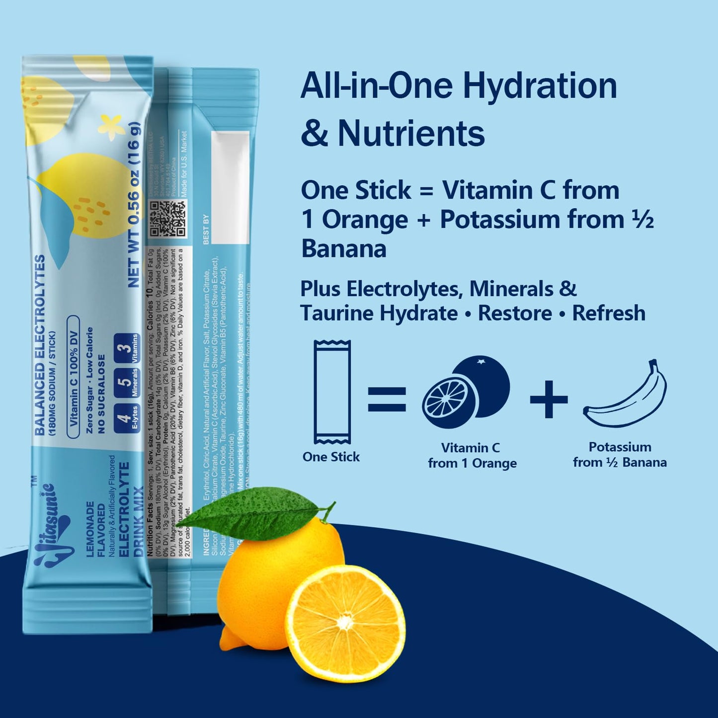 VITASUNIC Electrolyte Powder Packets Lemonade Sugar Free, 12 Pack