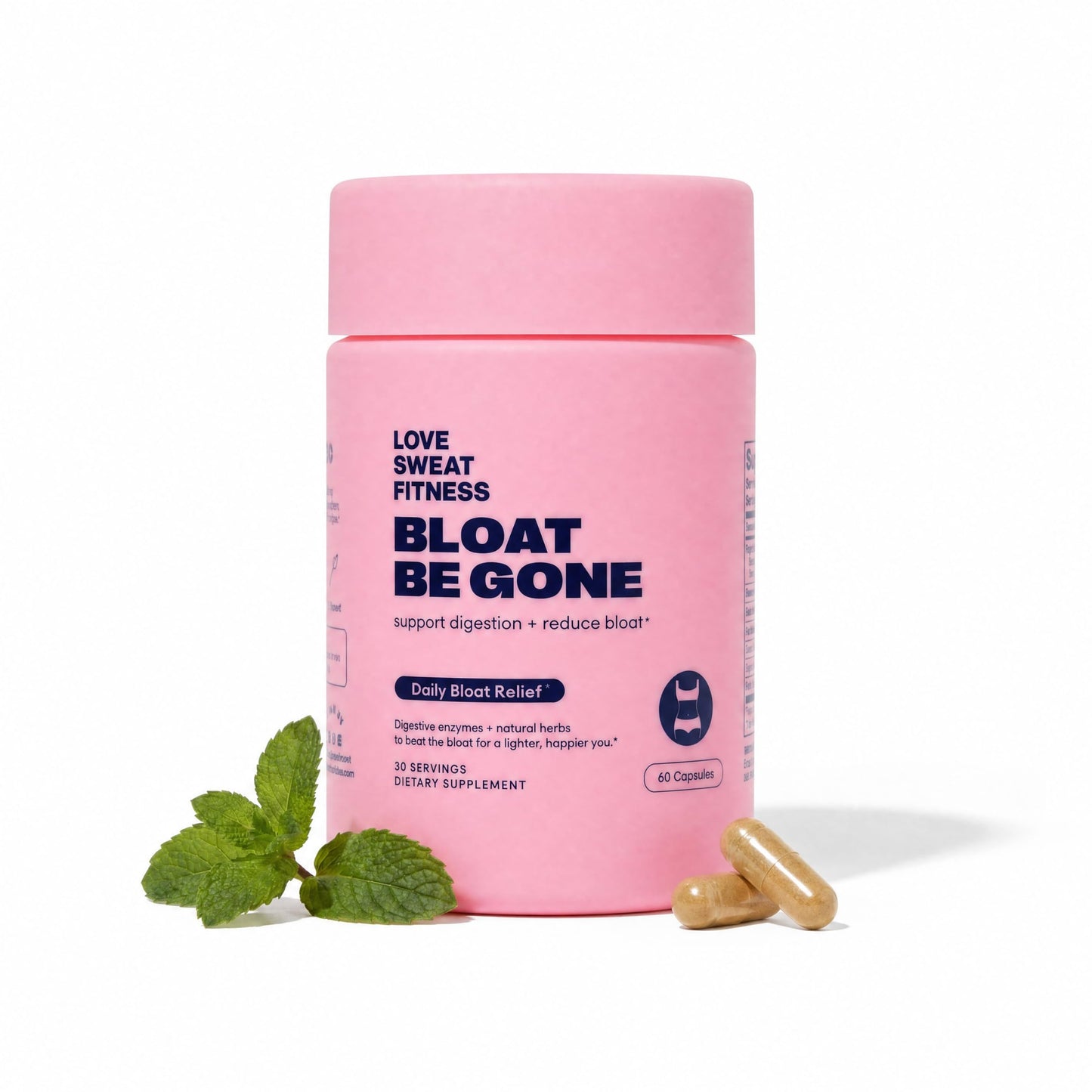 Love Sweat Fitness Bloat Be Gone Debloat & Digestive Enzyme Supplement for Gas & Gut Health Herbal Blend with Ginger, Turmeric & Peppermint 60 Capsules