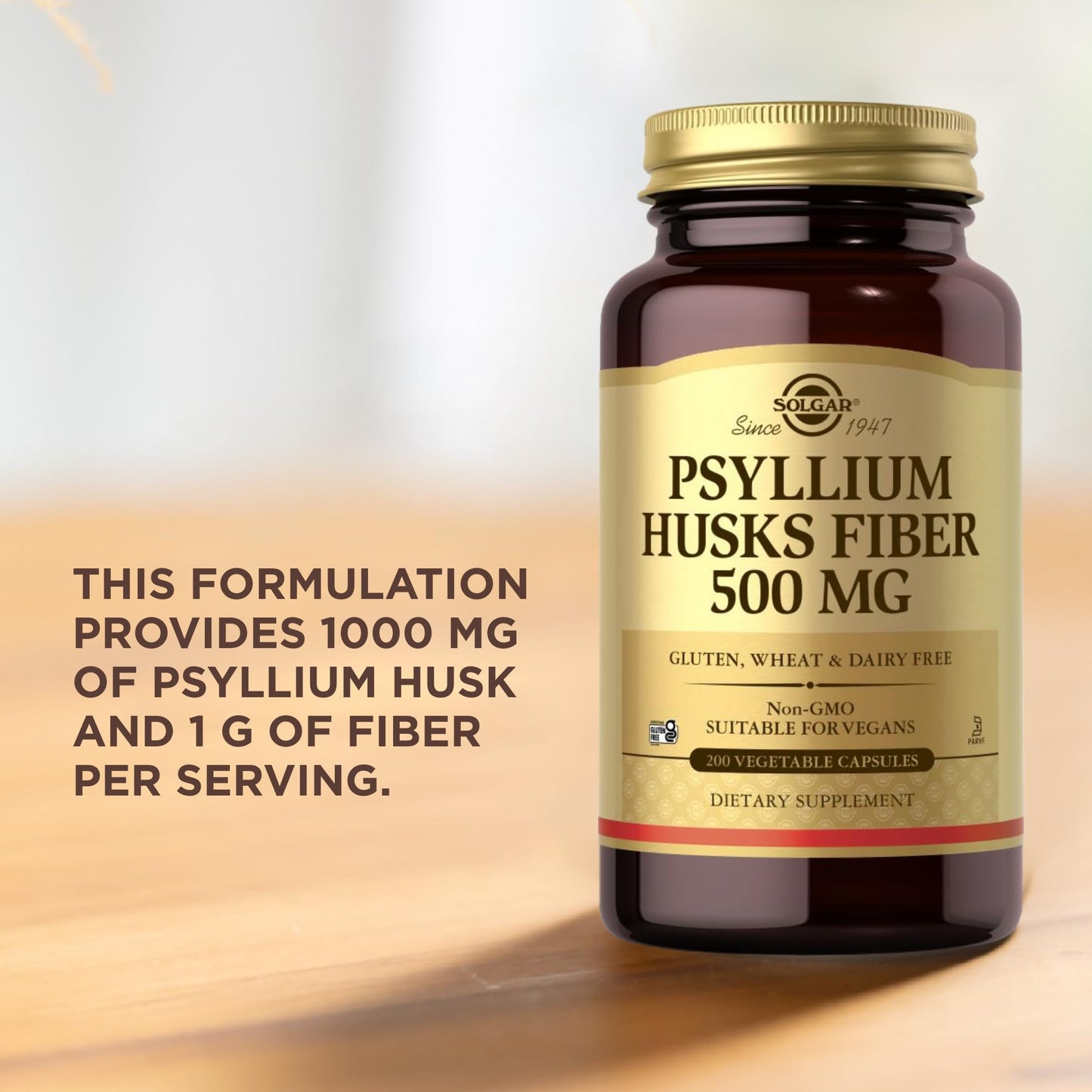 Solgar Psyllium Husks Fiber 500 mg Vegetable Capsules, 200 Count