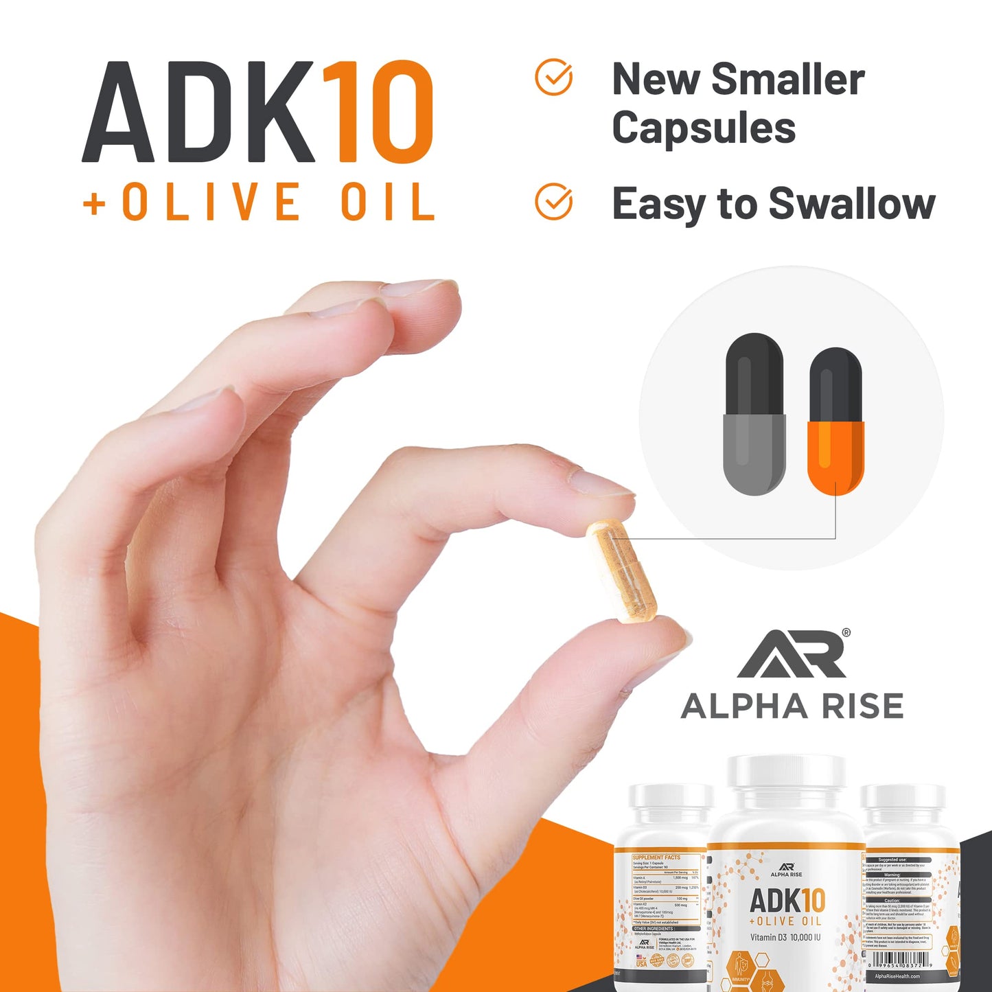 ALPHA RISE ADK 10 Vitamin Supplement + Olive Oil for Better Absorption Capsules 90 Count