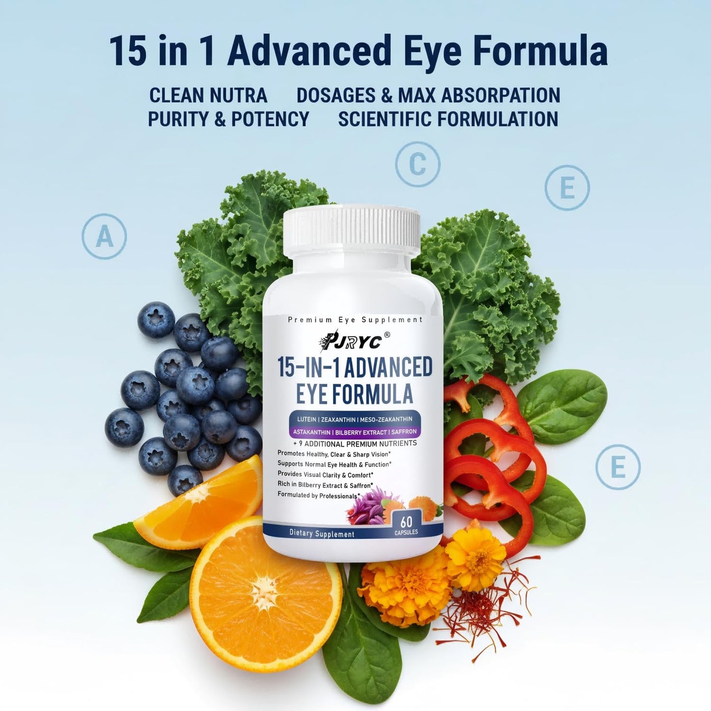PJRYC Neurobella Eye Formula - VisioVance 15 in 1 Advanced Eye Formula with All 3 Carotenoids, Lutein & Zeaxanthin, Bilberry Extract and Saffron, Daily Visual Support Formula for Screen Use, 120 Capsules