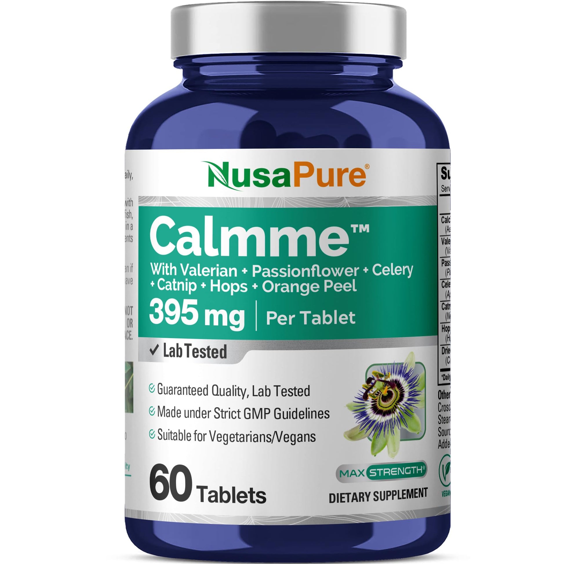 NusaPure Calmme with Valerian Passion Flower Celery Catnip Hops Orange Peel 395 mg Tablet, 60 Tablets