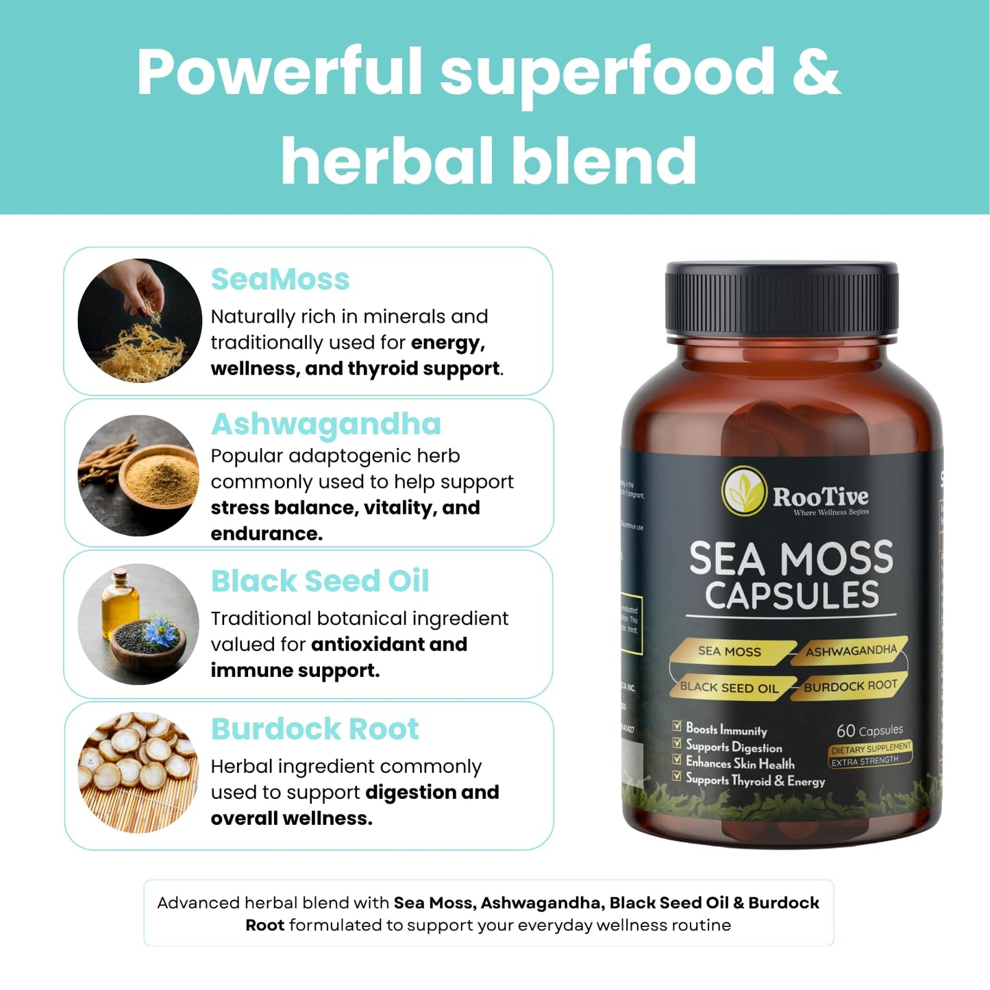 ROOTIVE Sea Moss Capsules with Ashwagandha, Black Seed, Turmeric, Burdock Root, Bladderwrack, Apple Cider Vinegar & Manuka Honey, Irish Sea Moss Supplement, 60 Capsules