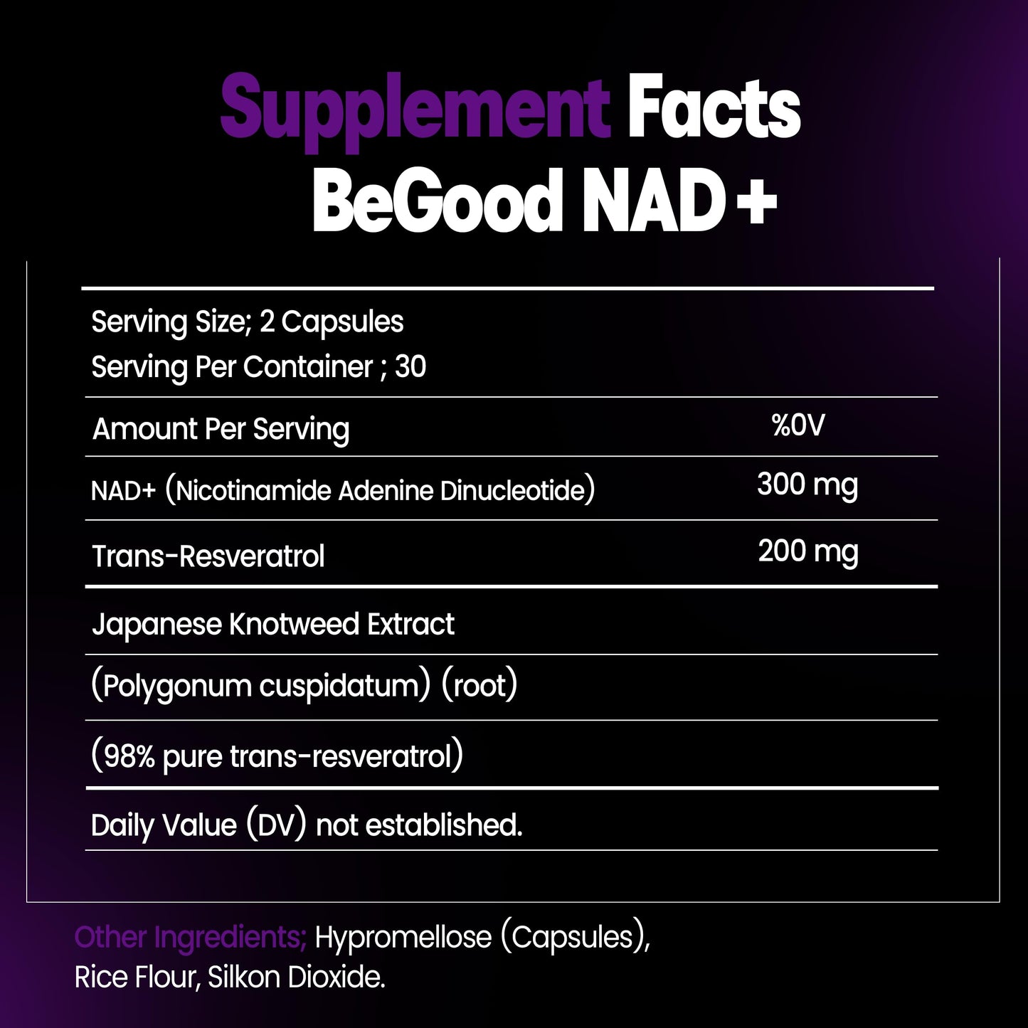 BeGood NAD+ Supplement 300mg with Trans-Resveratrol 200mg, 60 Capsules