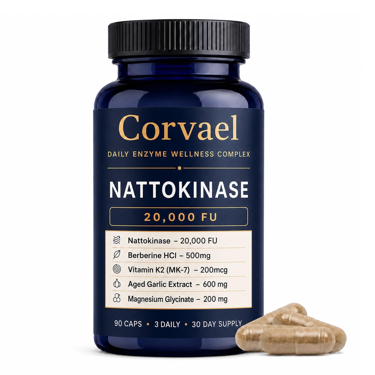 BORNIU Corvael Nattokinase 20000 fu, Nattokinase Fibrinolytic Complex, 90 Capsules