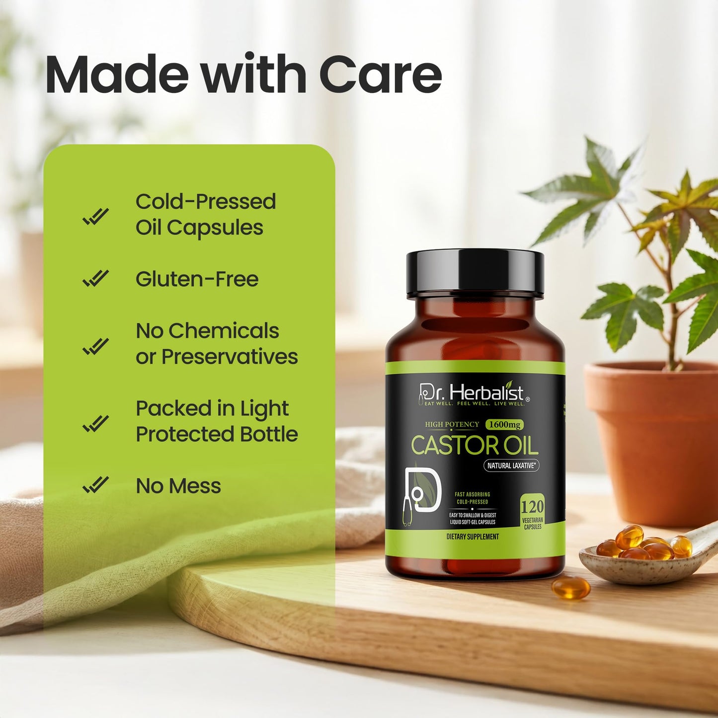 Dr. HERBALIST Castor Oil Capsules 1600mg Softgel 120 Count