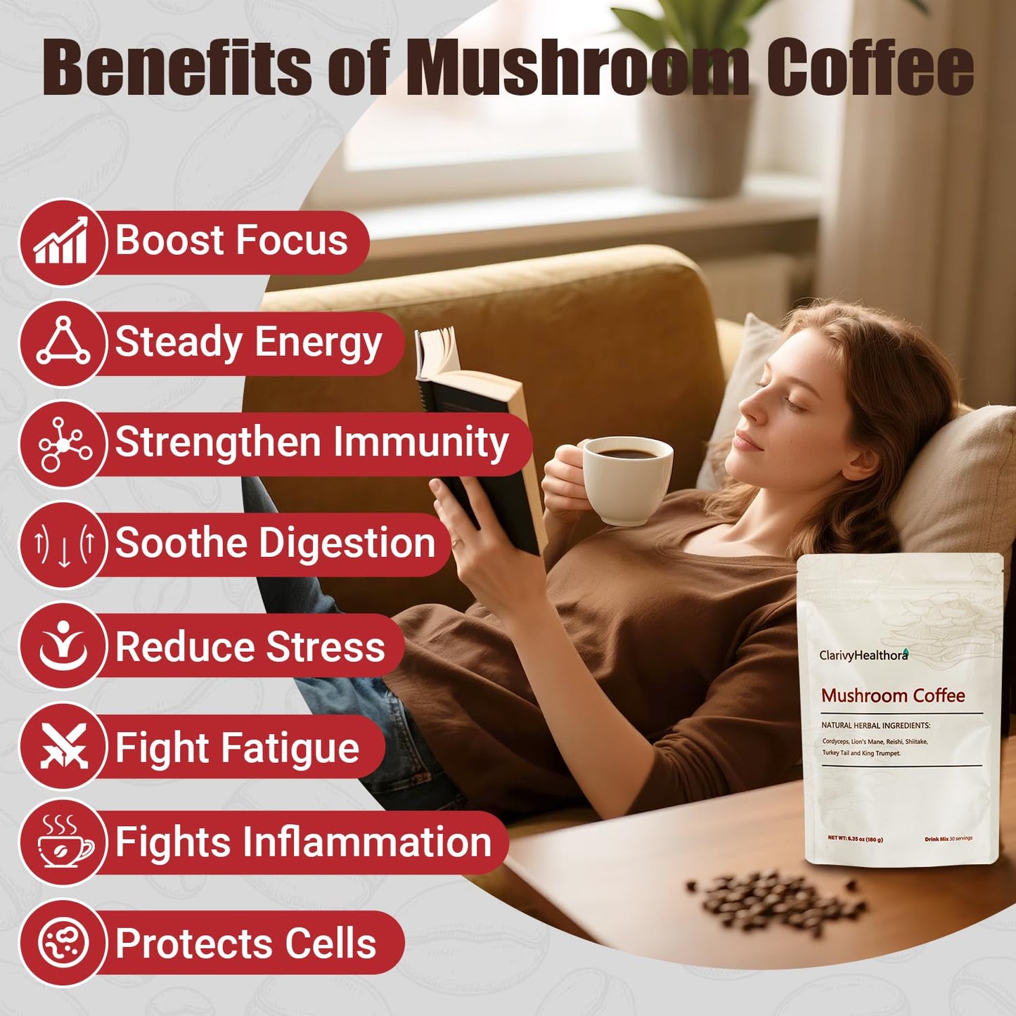 ClarivyHealthora Mushroom Coffee Powder 6.34 Ounce