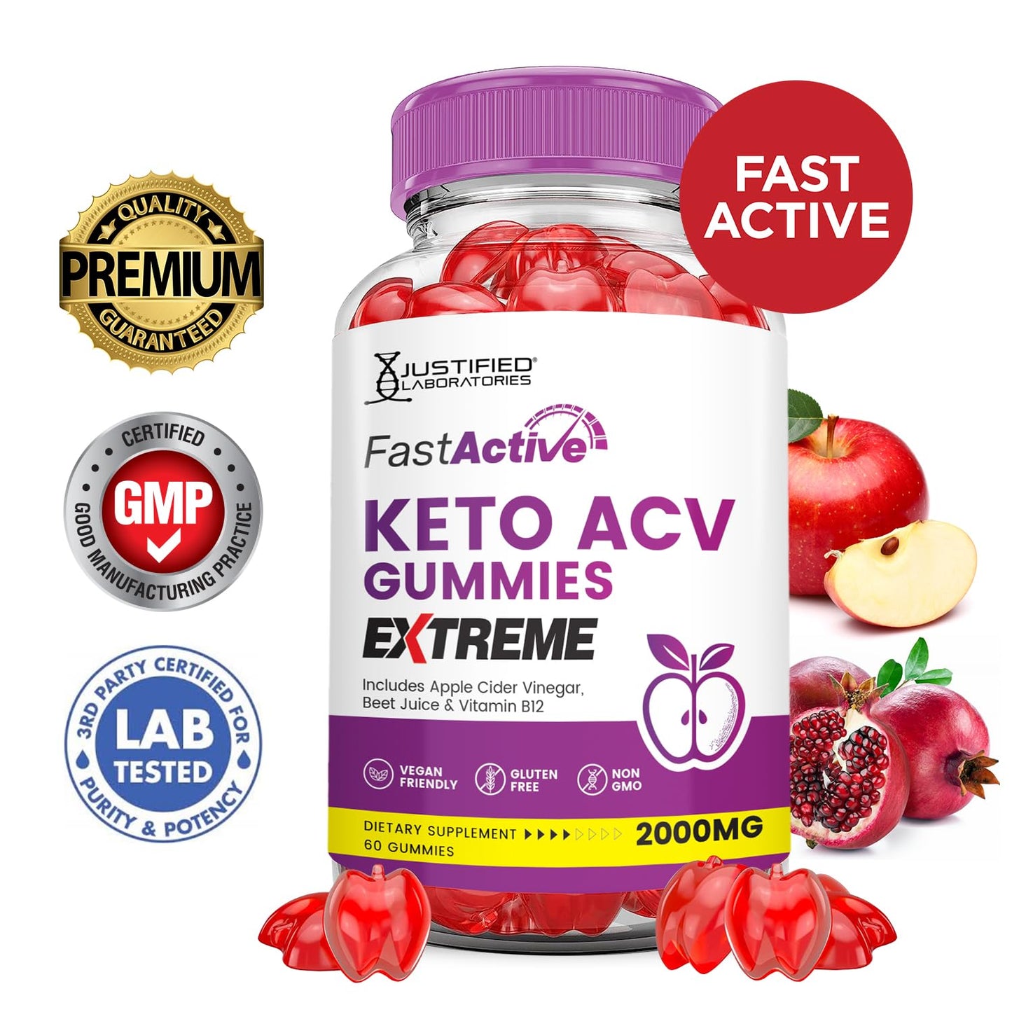 Justified Laboratories Fast Active Keto ACV Gummies Extreme 2000MG, 600 Gummies