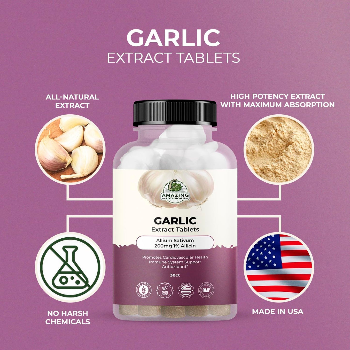 Amazing Botanicals Garlic Extract Tablets 200mg Allium Sativum 1% Allicin - High Potency Herbal Supplement, 30 Count