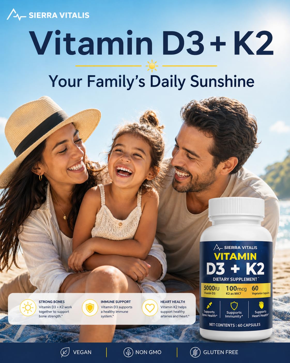 SIERRA VITALIS Vitamin D3 K2 5000 IU + MK-7 100 mcg Capsules, 60 Count