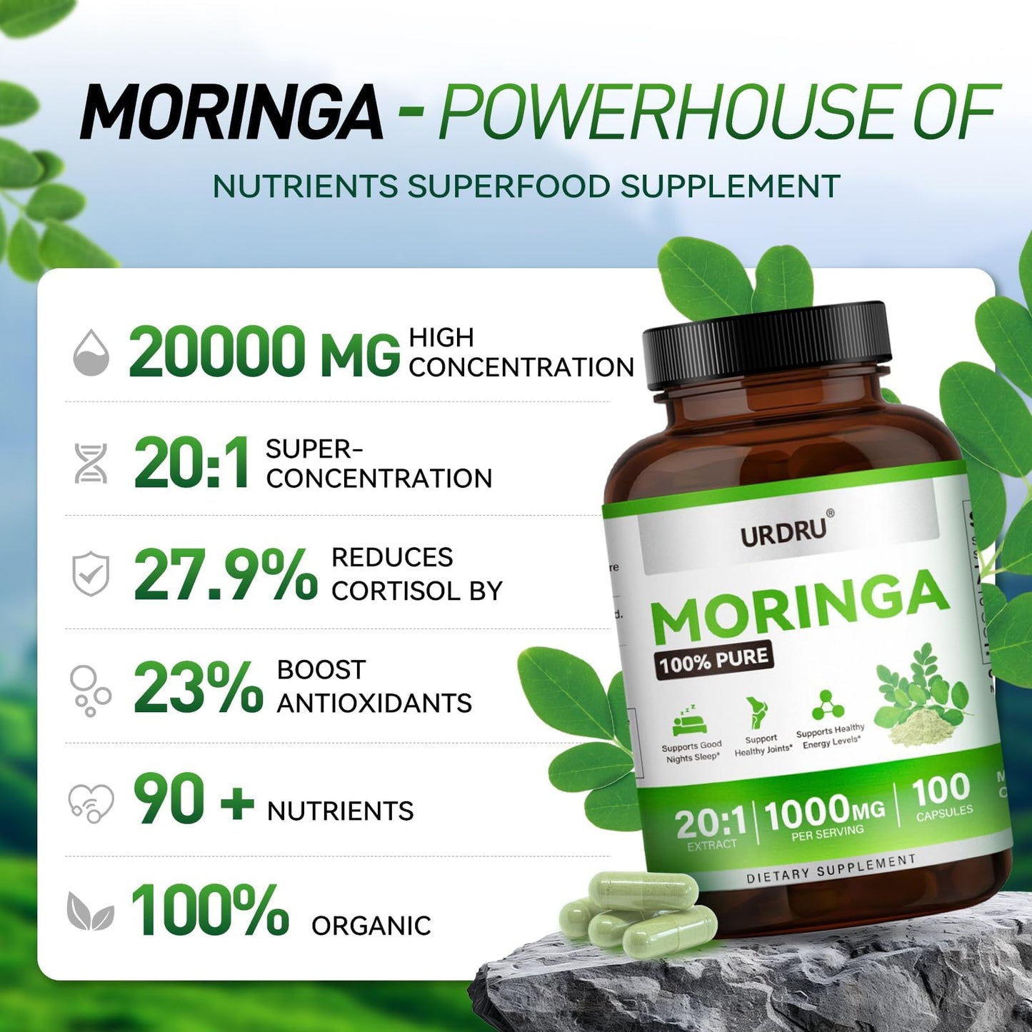 URDRU Moringa Capsules 1000mg per Serving, 100 Capsules