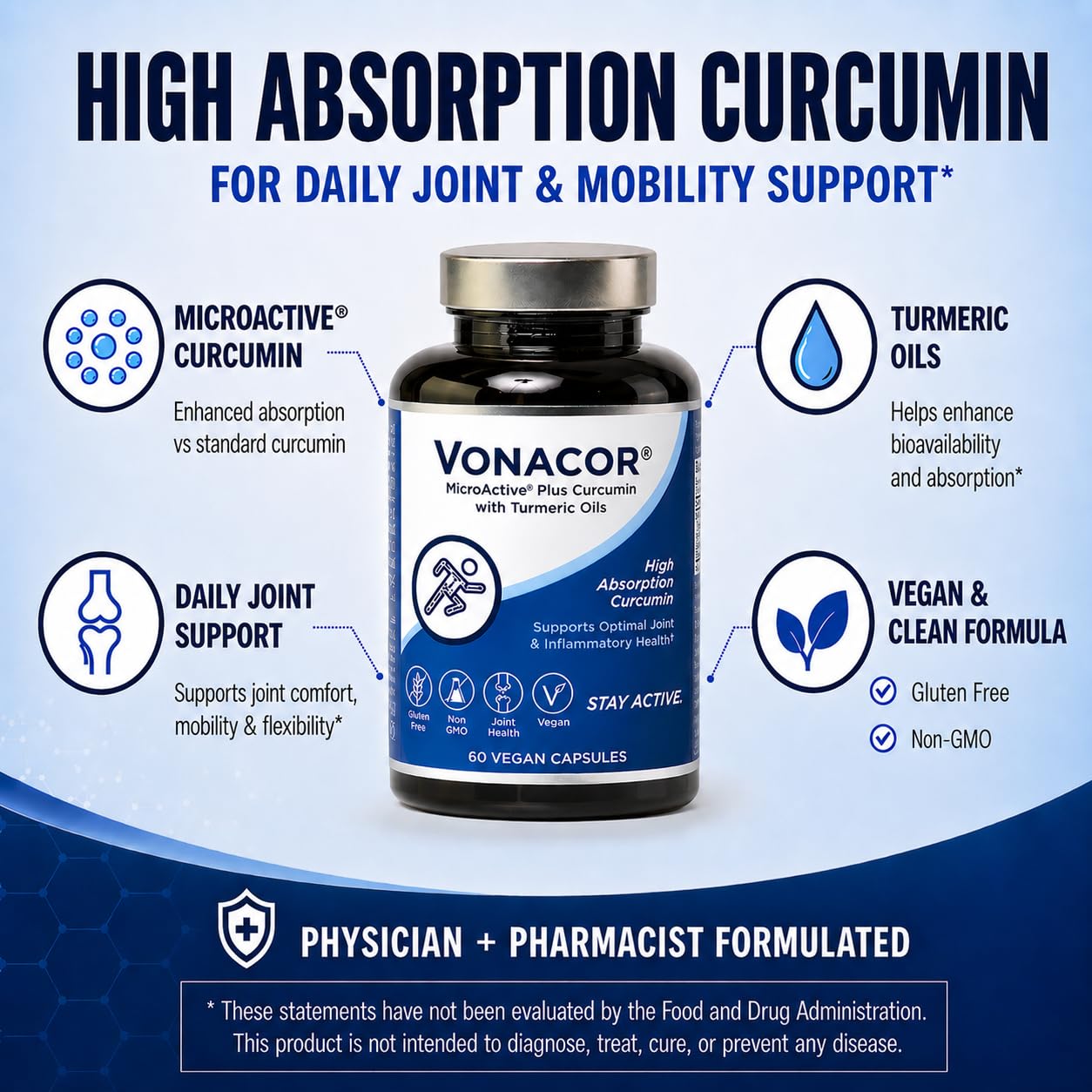 Vonacor Highly Absorbable MicroActive Curcumin with Turmeric Oil Extract 500mg for Optimal Joint Health Capsules, 60 Count