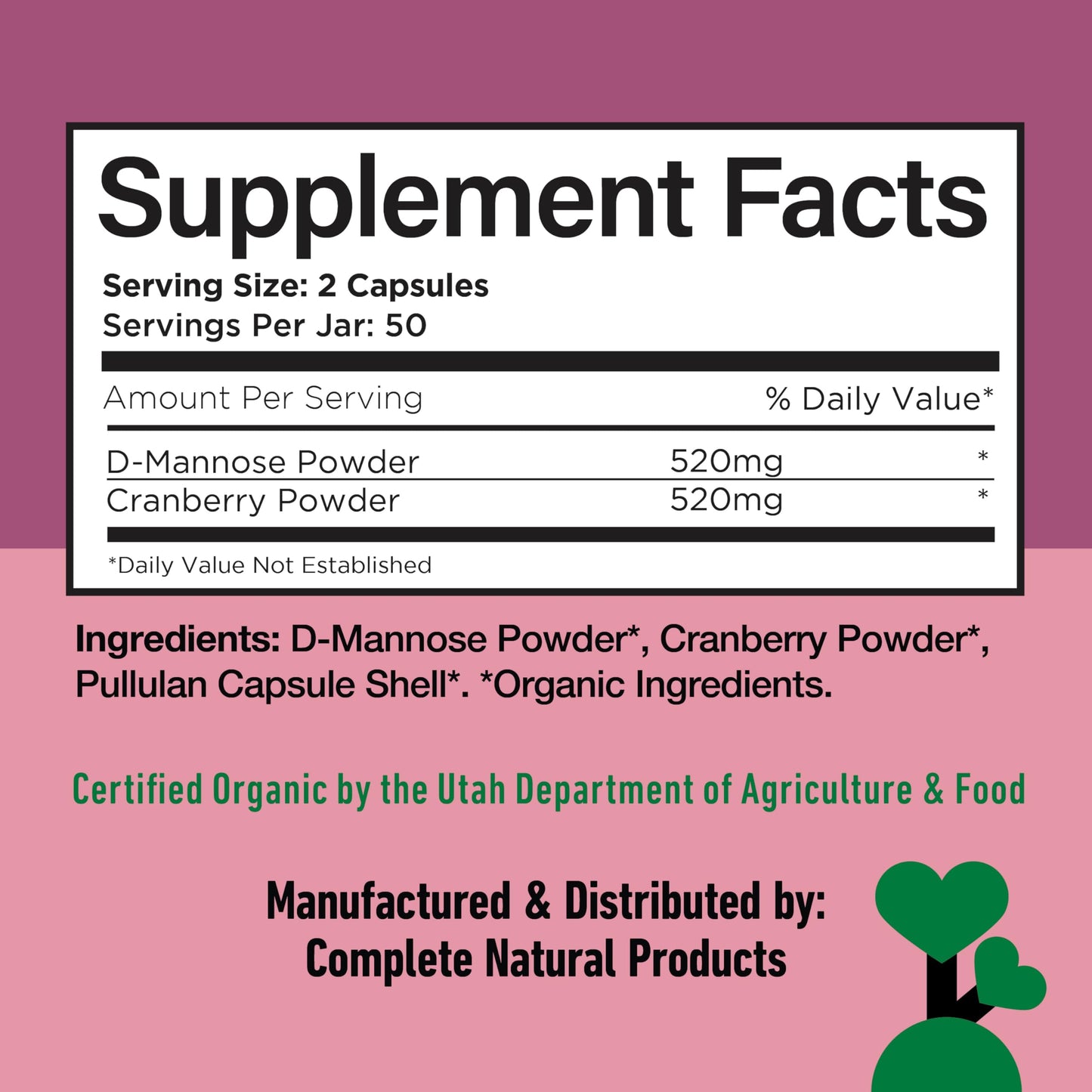 Complete Natural Products Organic D-Mannose & Cranberry Capsules 520mg, 100 Count