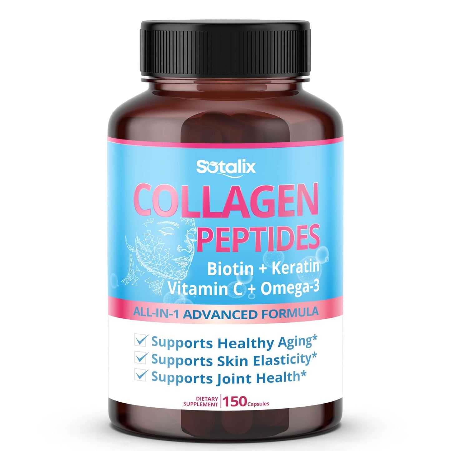 SOTALIX SUPPLEMENT Collagen Peptides with Biotin + Keratin, Vitamin C + Omega 3 - Radiant Skin, Healthy Joint, Nails Capsules 150