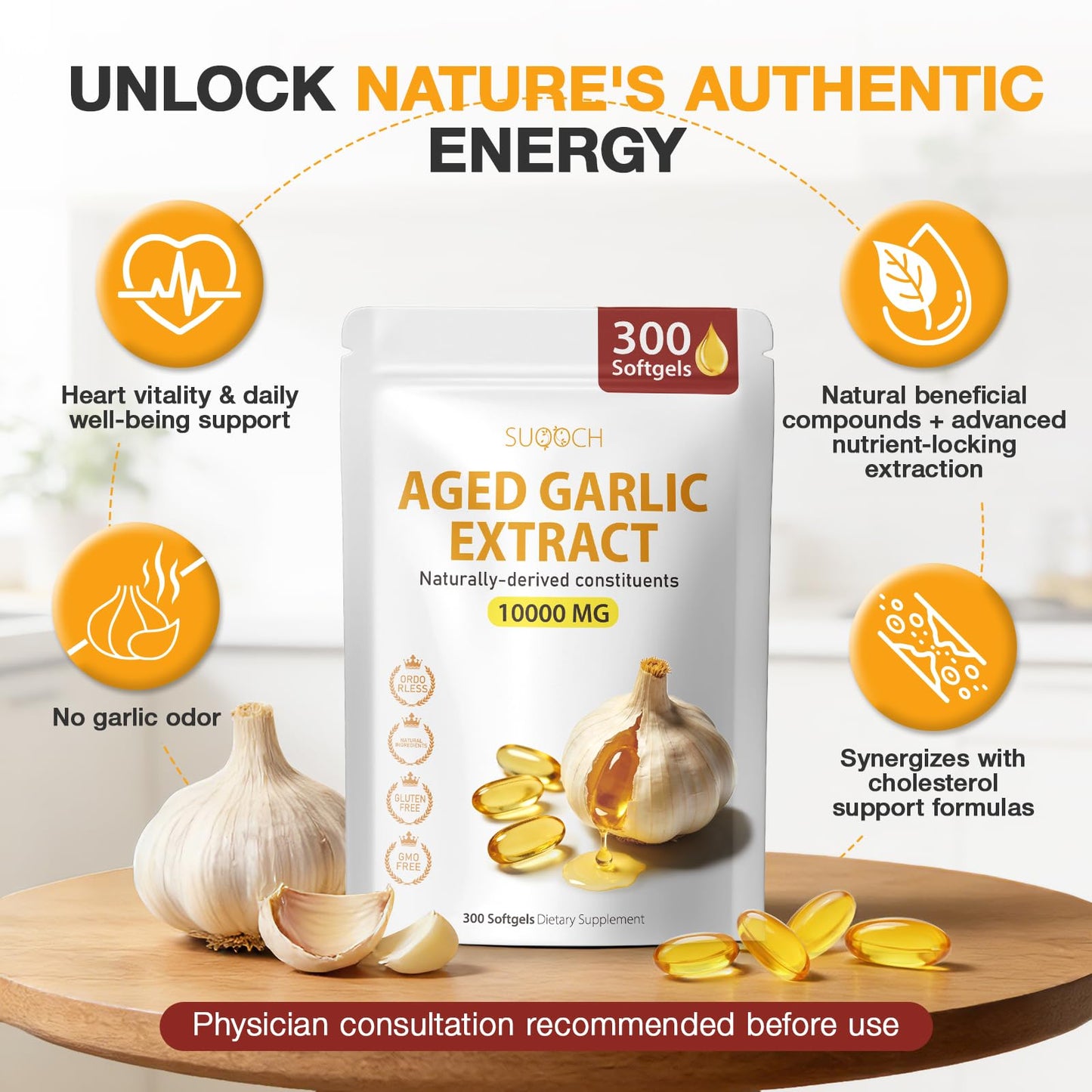 SUOOCH Odorless Aged Garlic Extract Softgels 300 Count