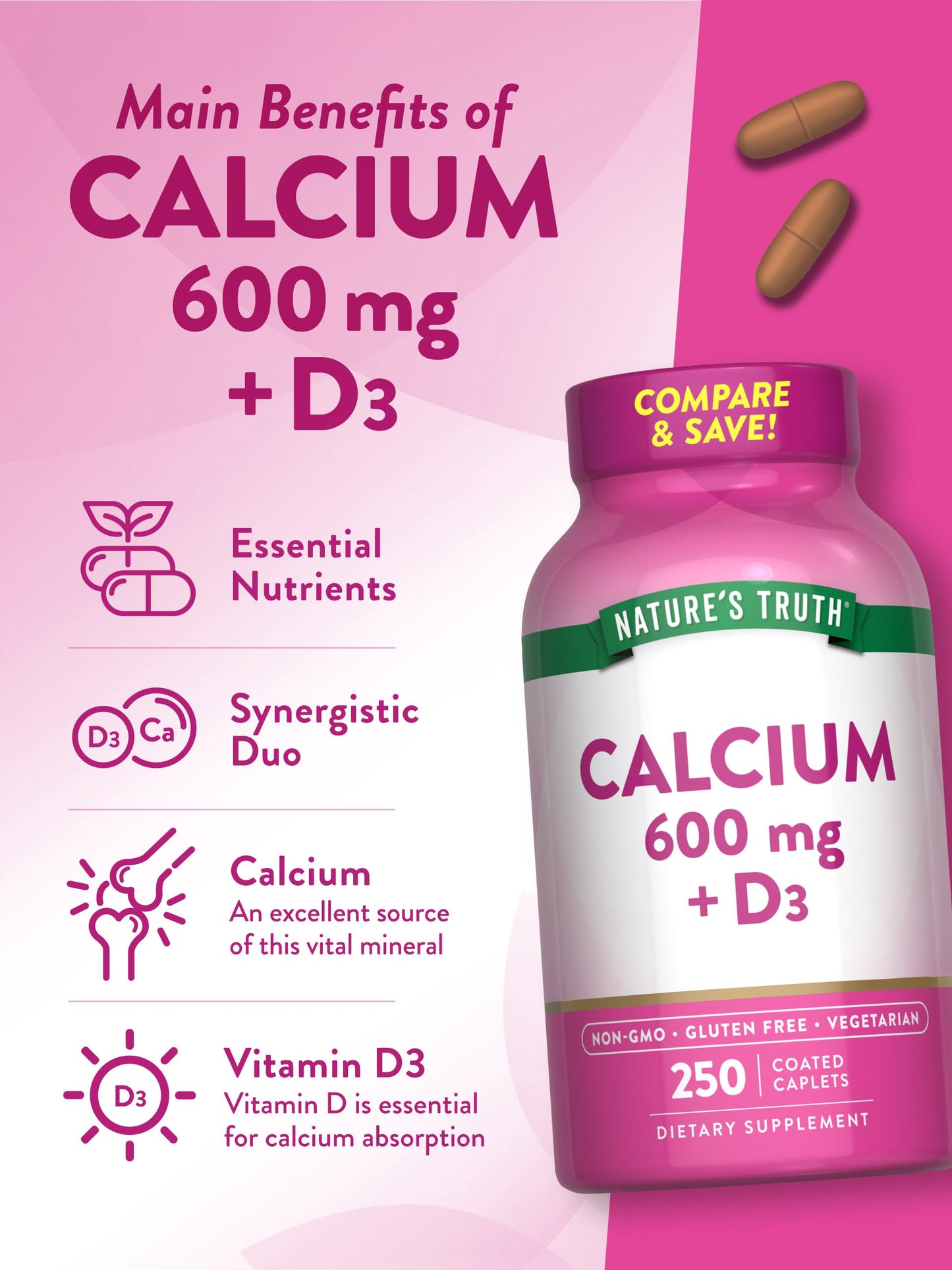 Nature's Truth Calcium 600mg with Vitamin D3 Caplets, 250 Caplets