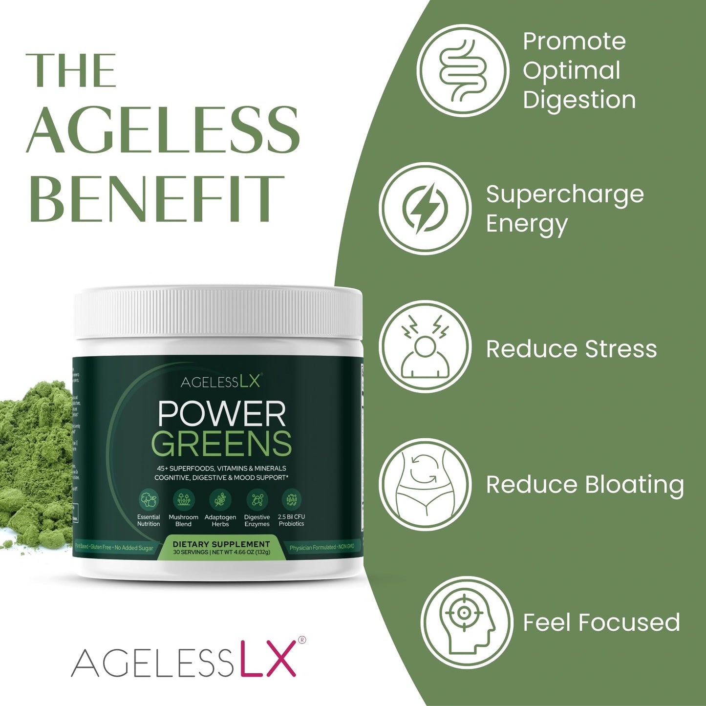 AgelessLX Power Greens Powder, 4.66 Ounce