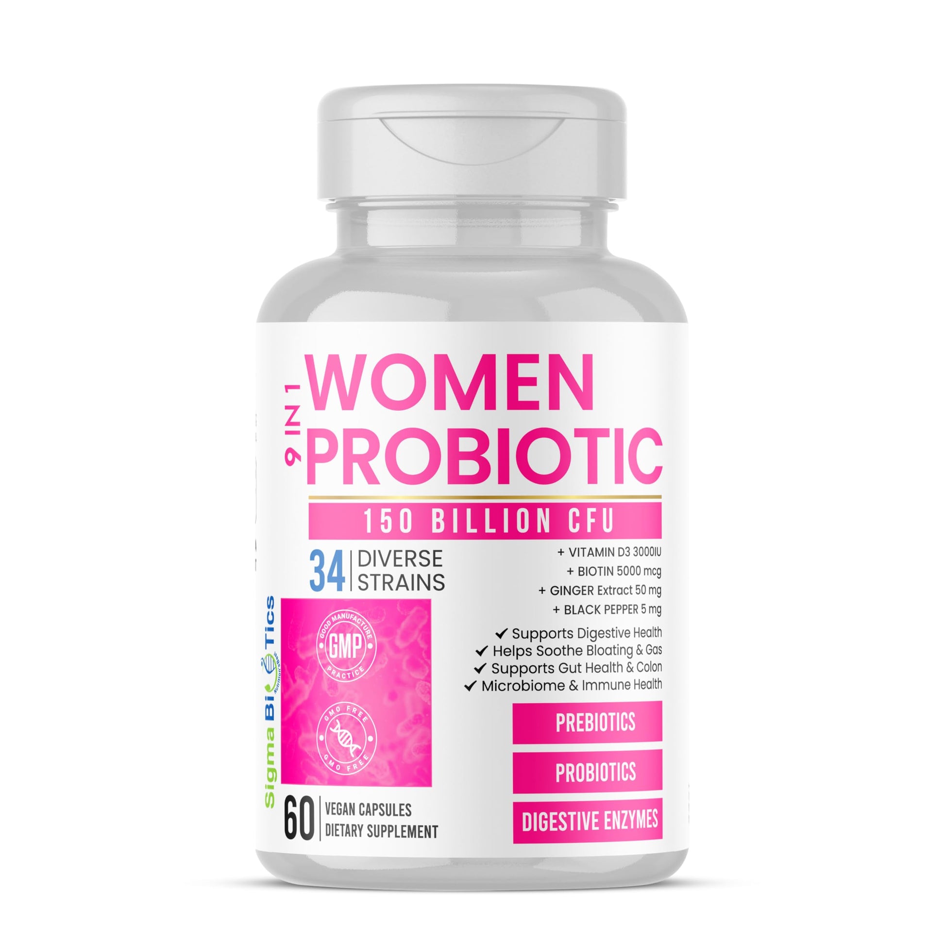 SigmaBiotics Women's Probiotics 150 Billion CFU – 34 Strains with Organic Prebiotics & Digestive Enzymes – Urinary Tract & Digestive Health – Gluten-Free, Non-GMO, Dairy-Free – 60 Vegan Capsules with D3 and Biotin