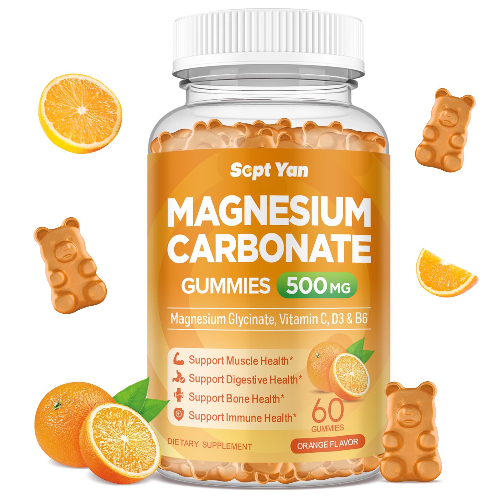 SEPT YAN Magnesium Carbonate Gummies 500mg, Magnesium Supplement with Vitamin C, D3 & B6 for Muscle, Bone, Digestive & Immune Support, Orange Flavor, Sugar Free, Vegan, 60 Gummies